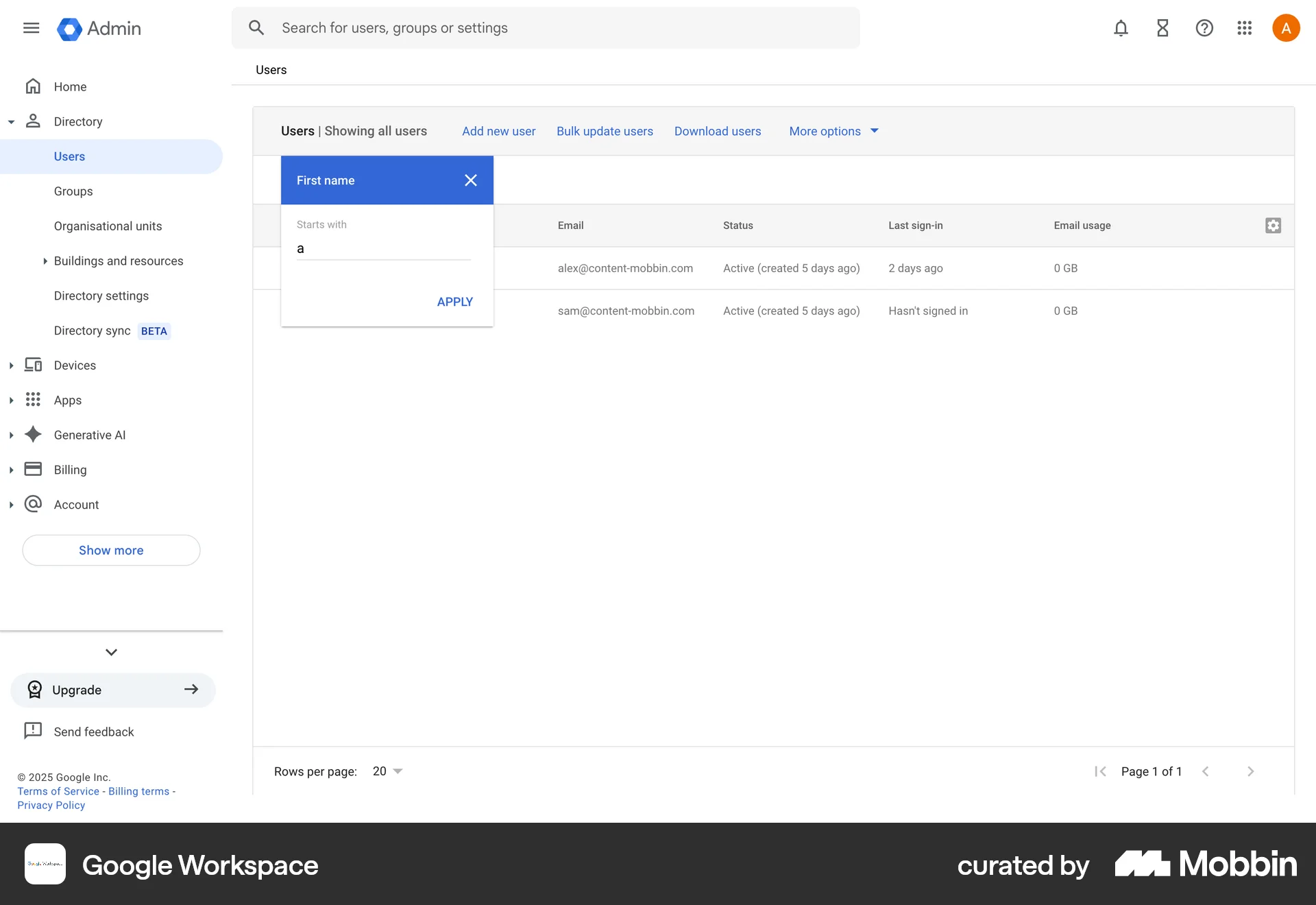 Google Workspace Web Filter & Sort screen