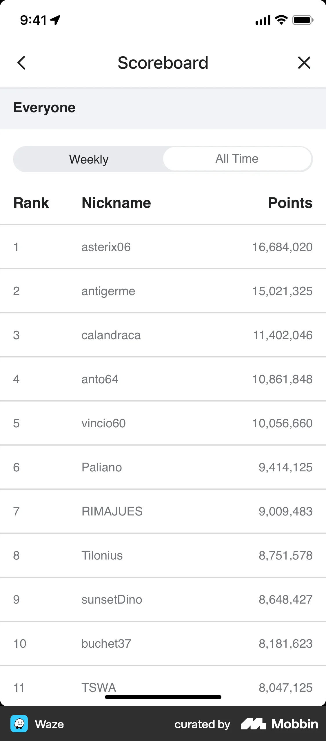 Waze iOS Leaderboard screen