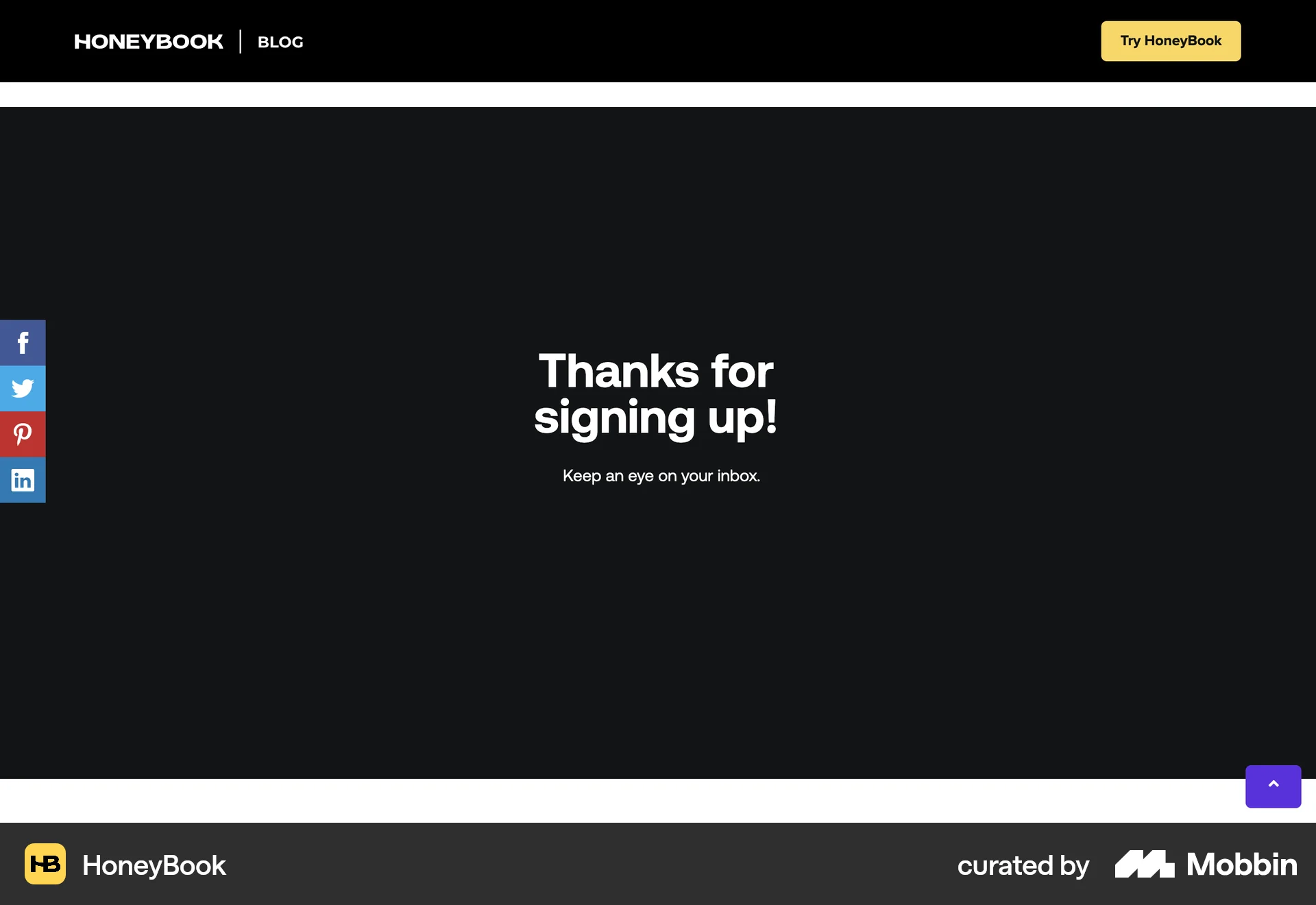 HoneyBook Web Follow & Subscribe screen