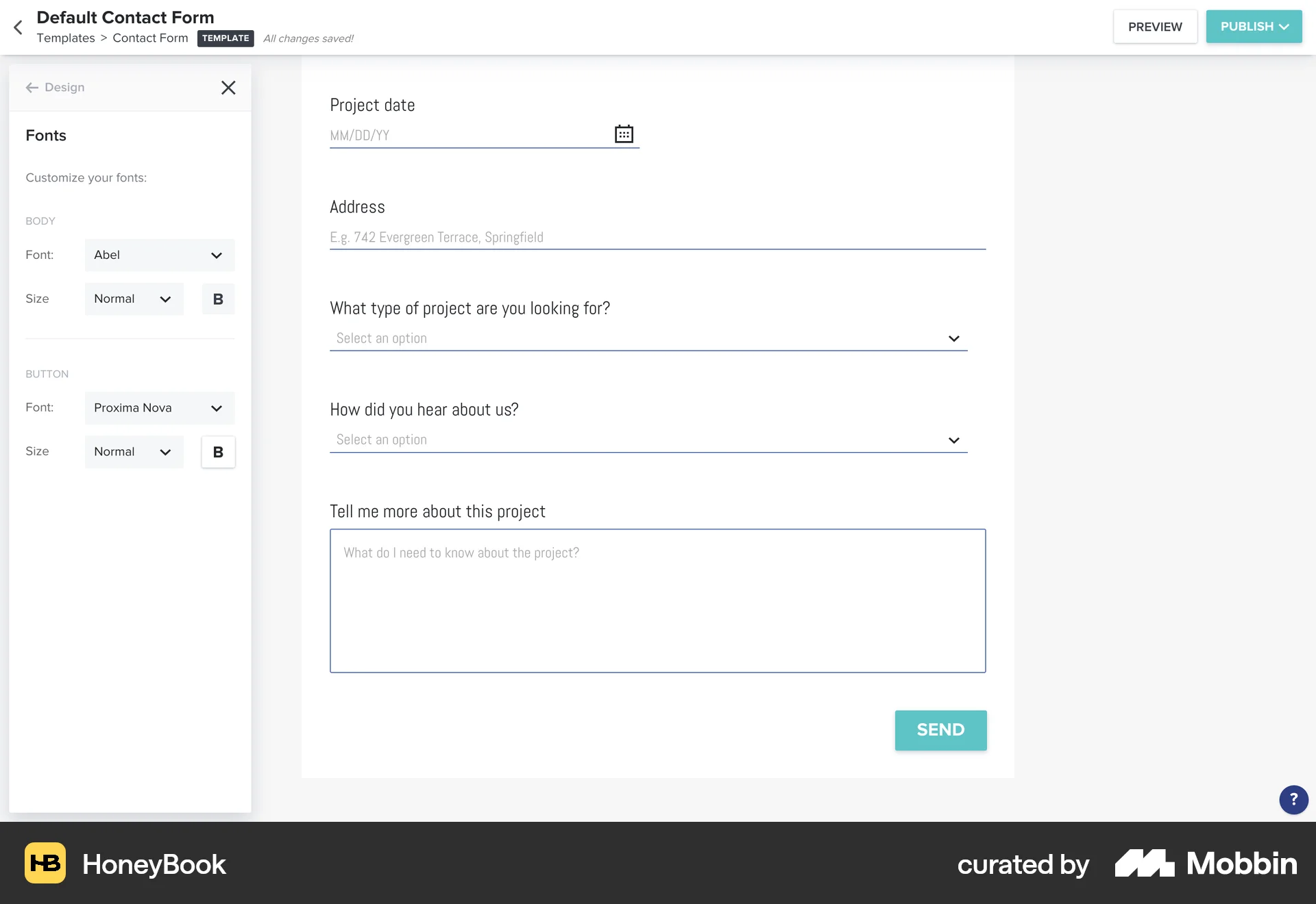 HoneyBook Web Web Form UI screen
