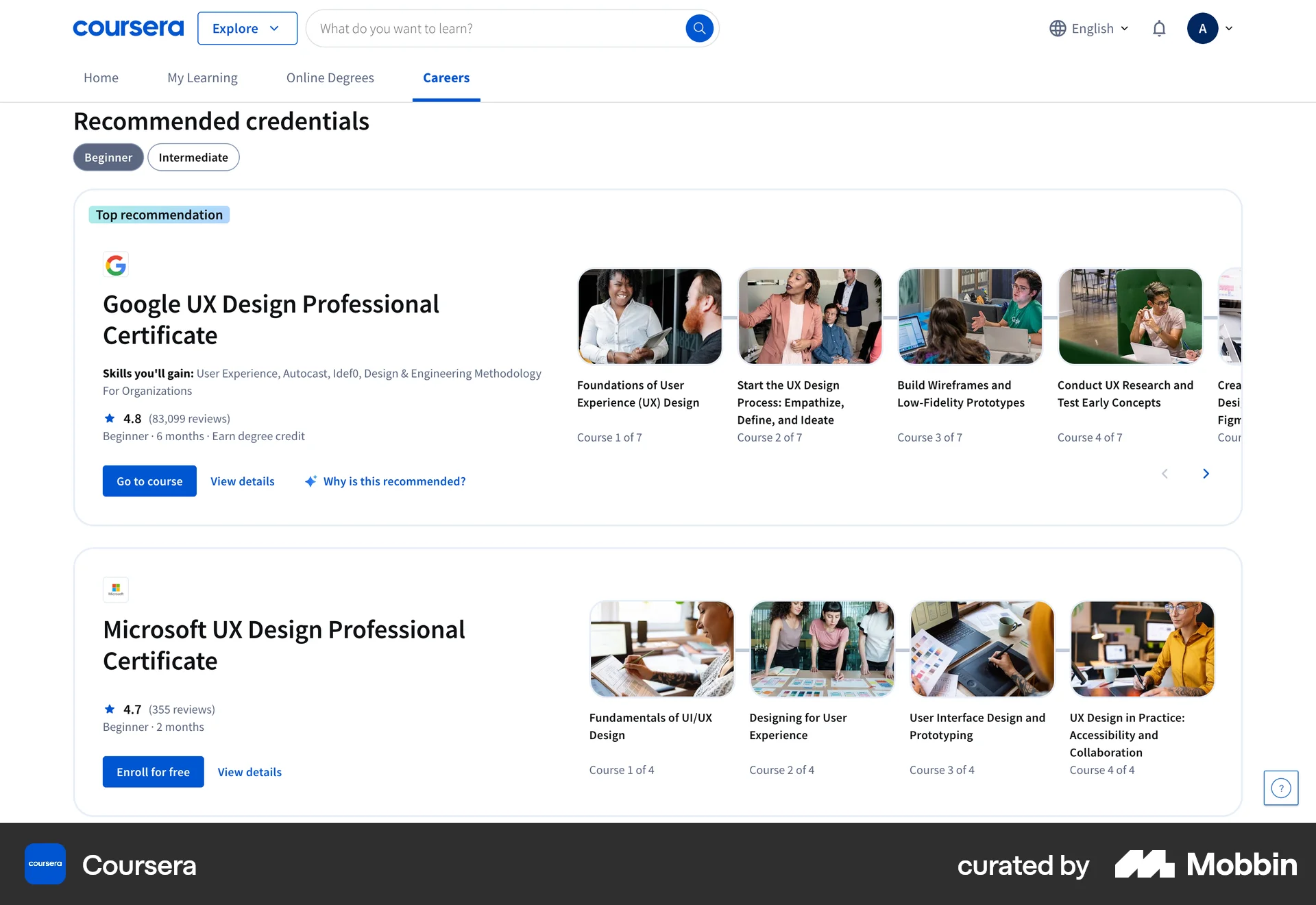 Coursera Web screen containing Carousel UI element