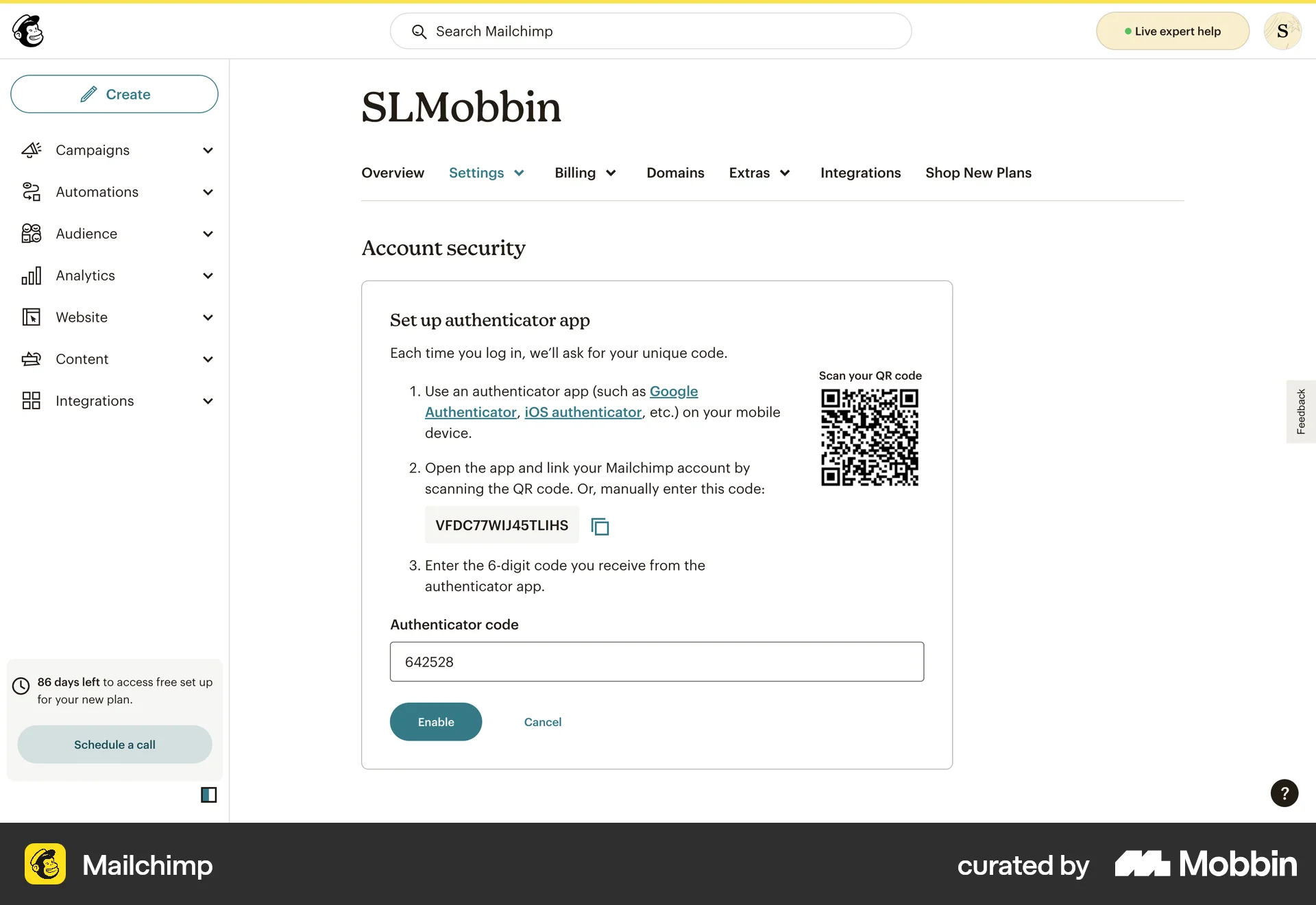 Mailchimp Web QR Code screen