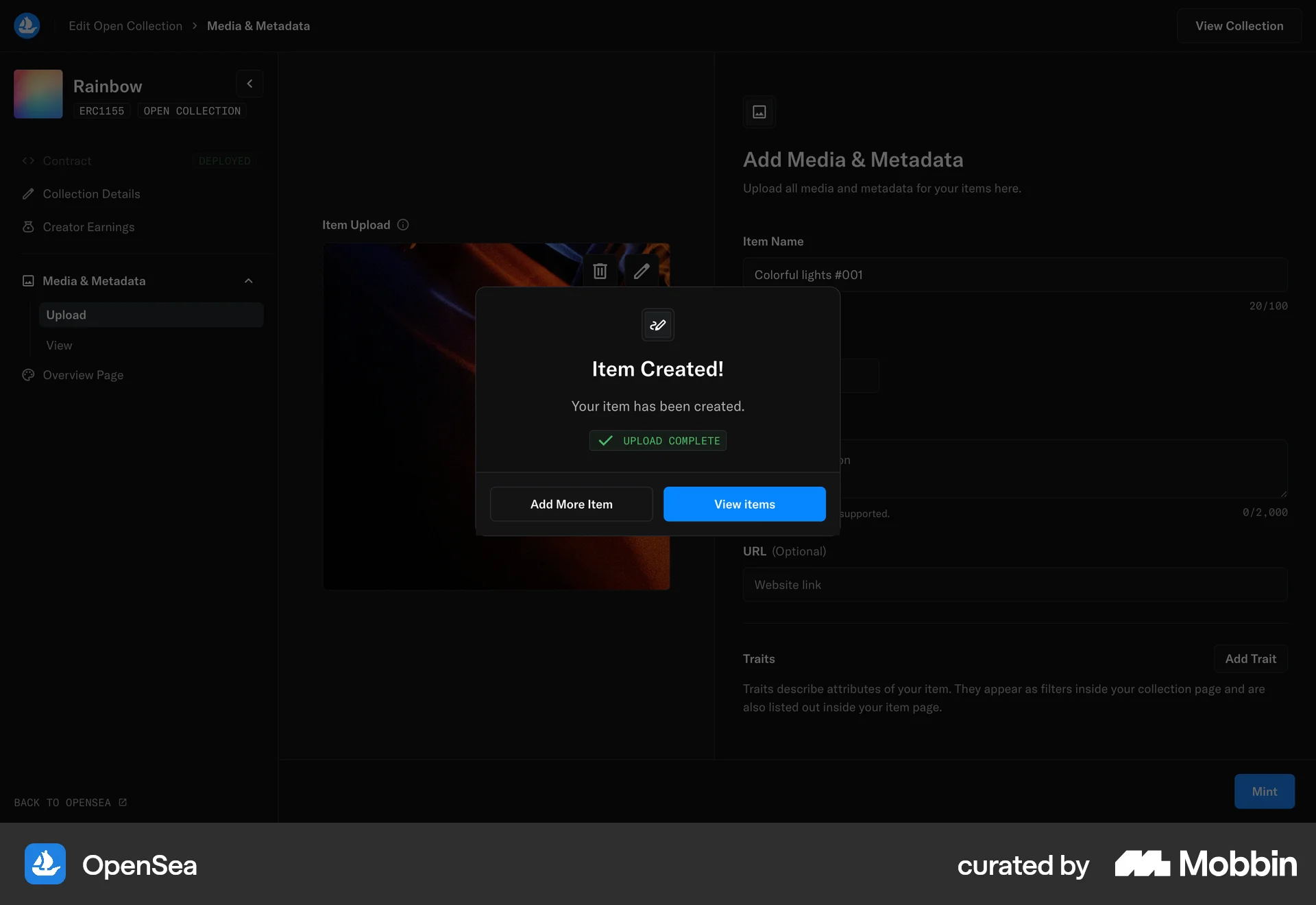 OpenSea Web Acknowledgement & Success screen