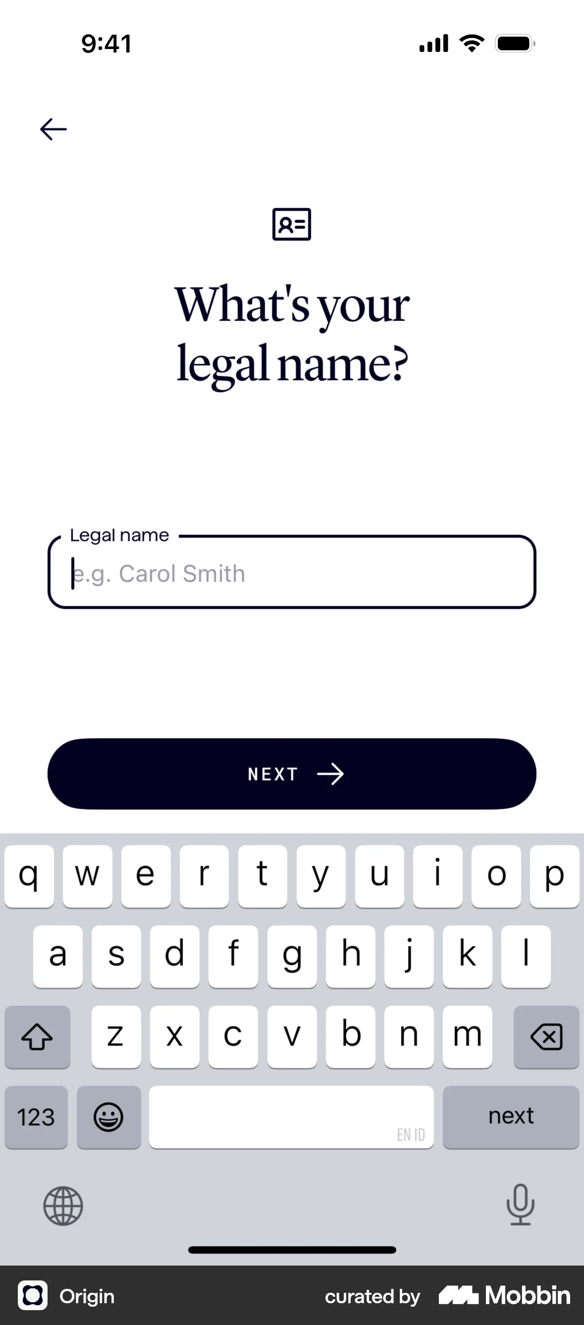 Origin iOS Account Setup screen