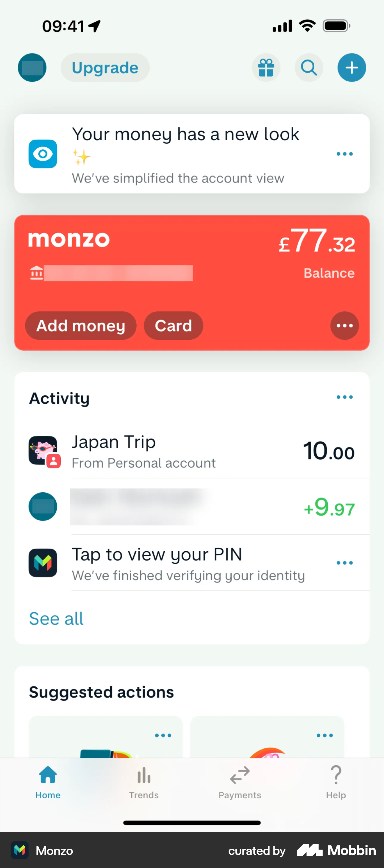 Monzo iOS Home screen
