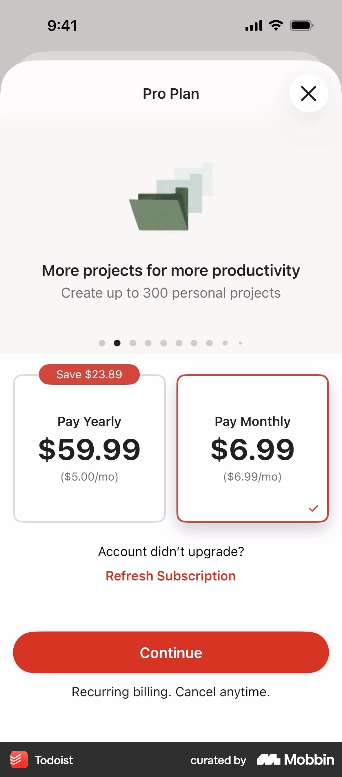 Todoist iOS screen containing Carousel UI element