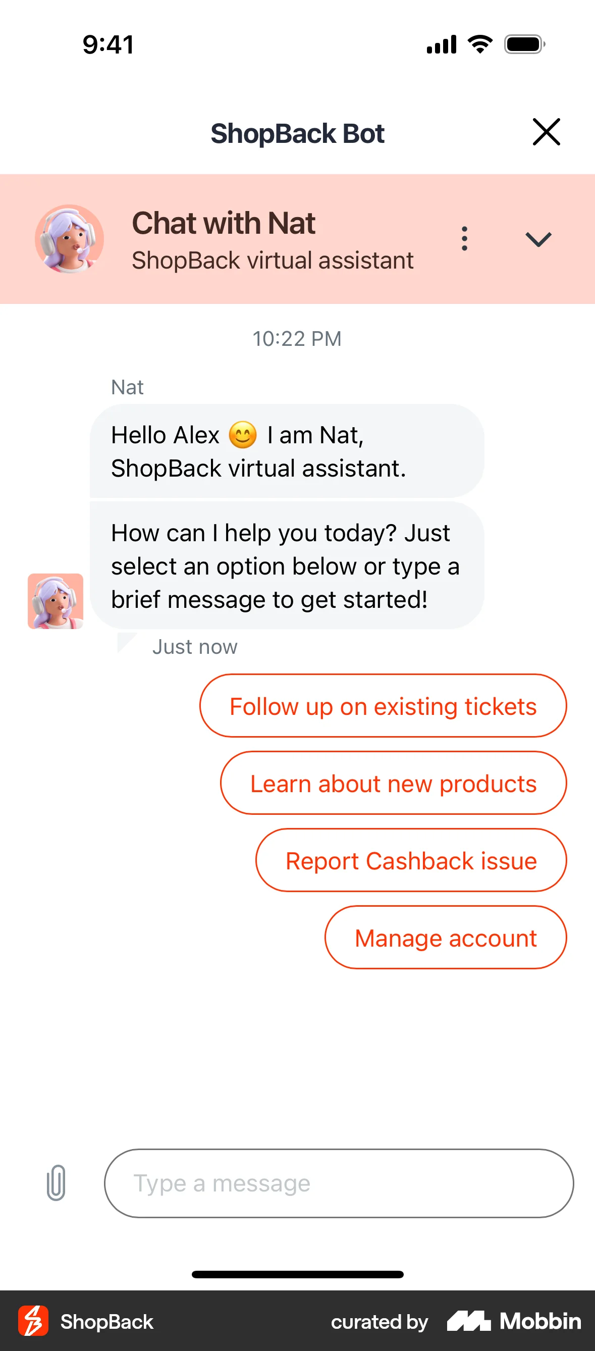 ShopBack iOS Chat Bot screen