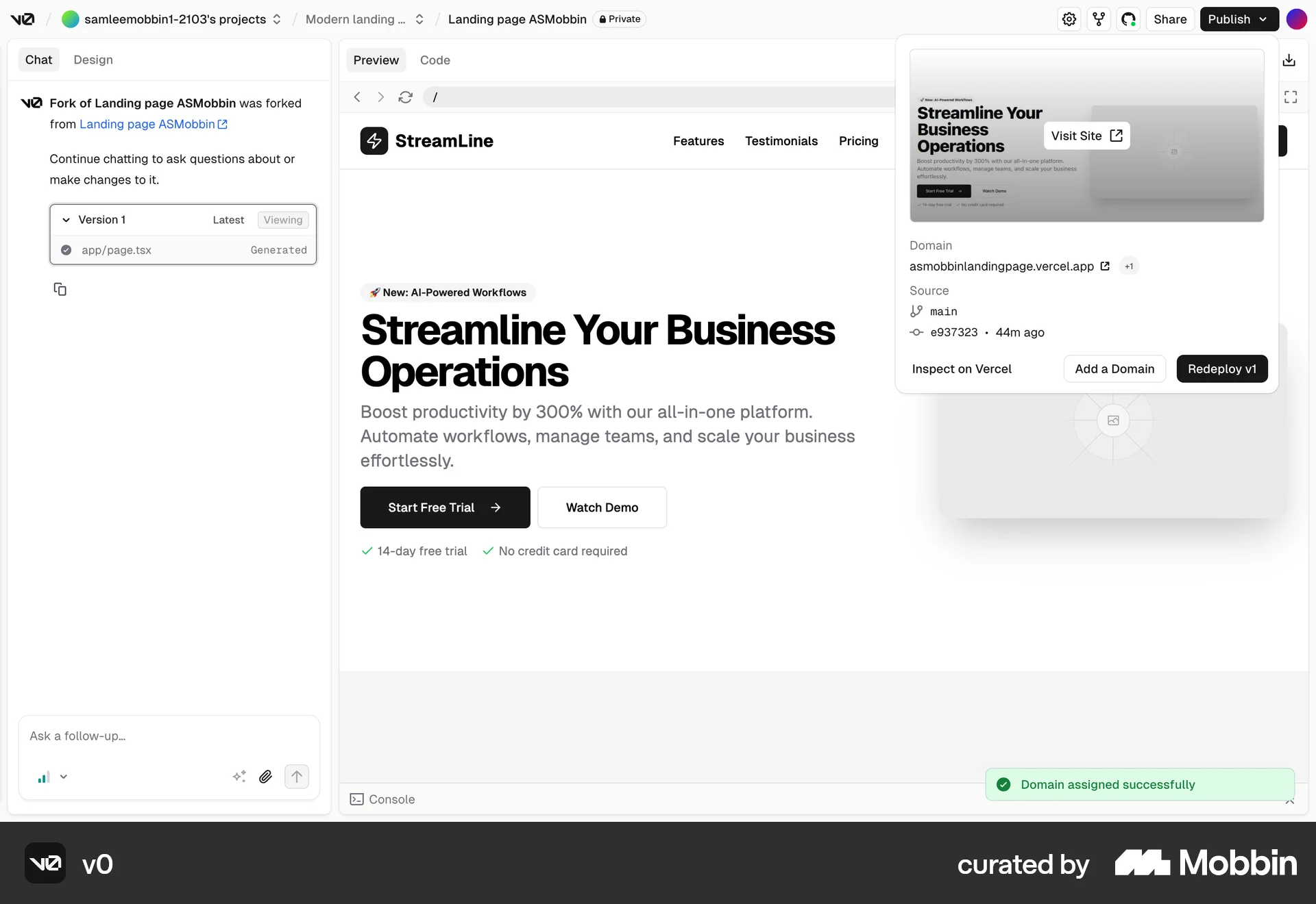 v0 Web screen containing Popover UI element