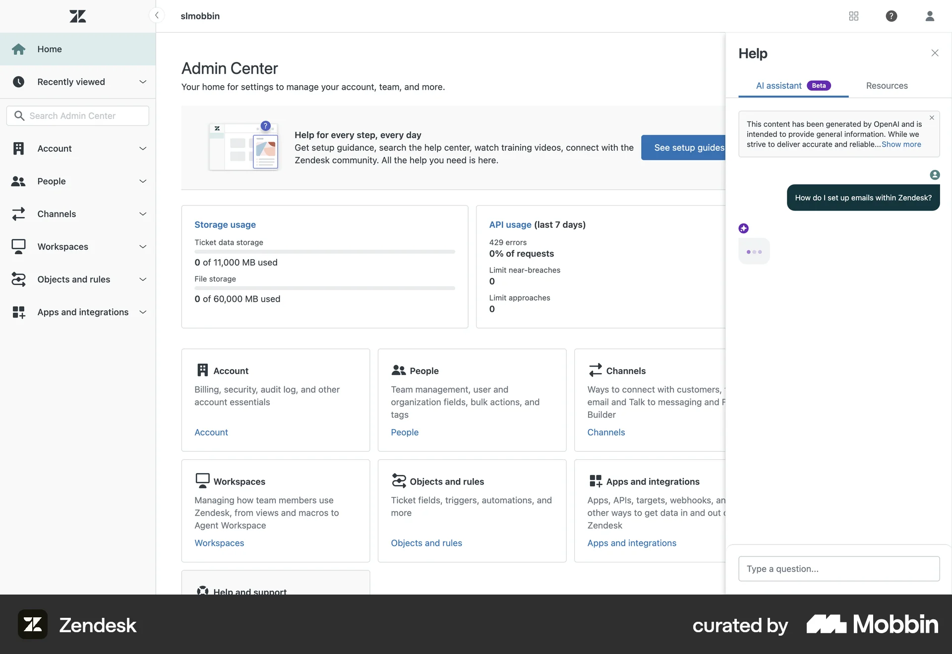 Zendesk Web Admin Dashboard screen