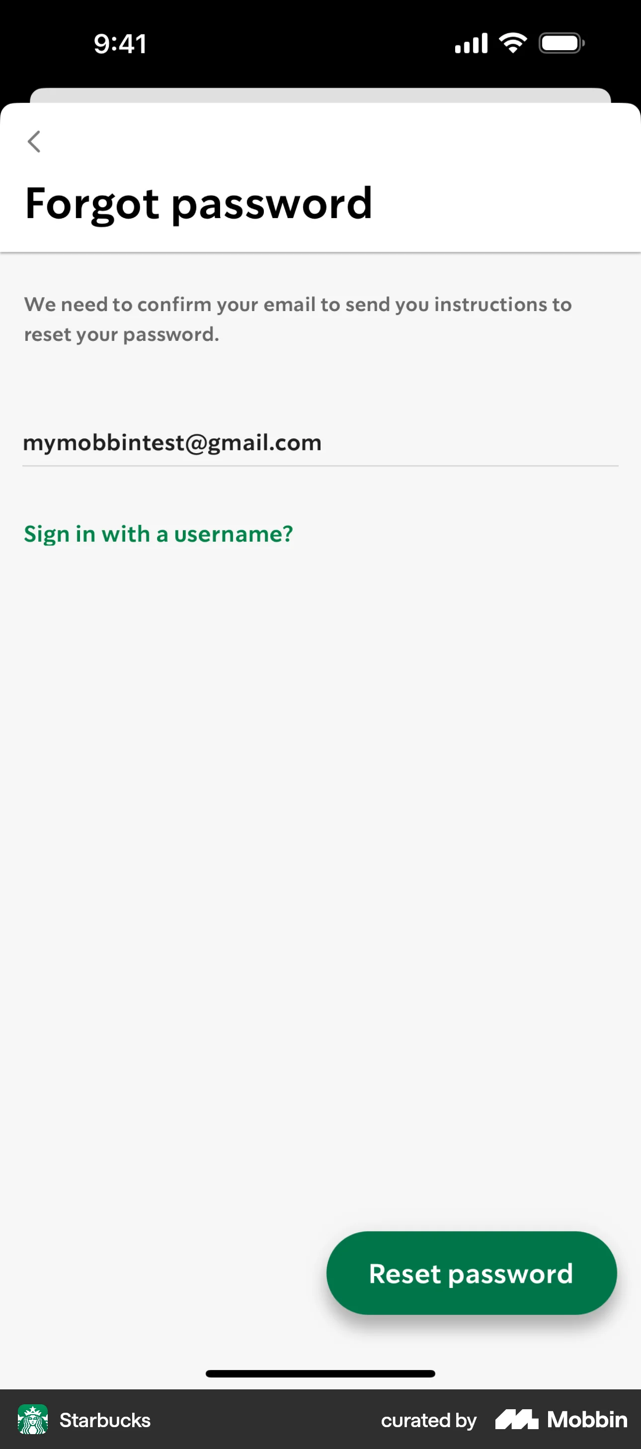 Starbucks iOS Forgot Password screen