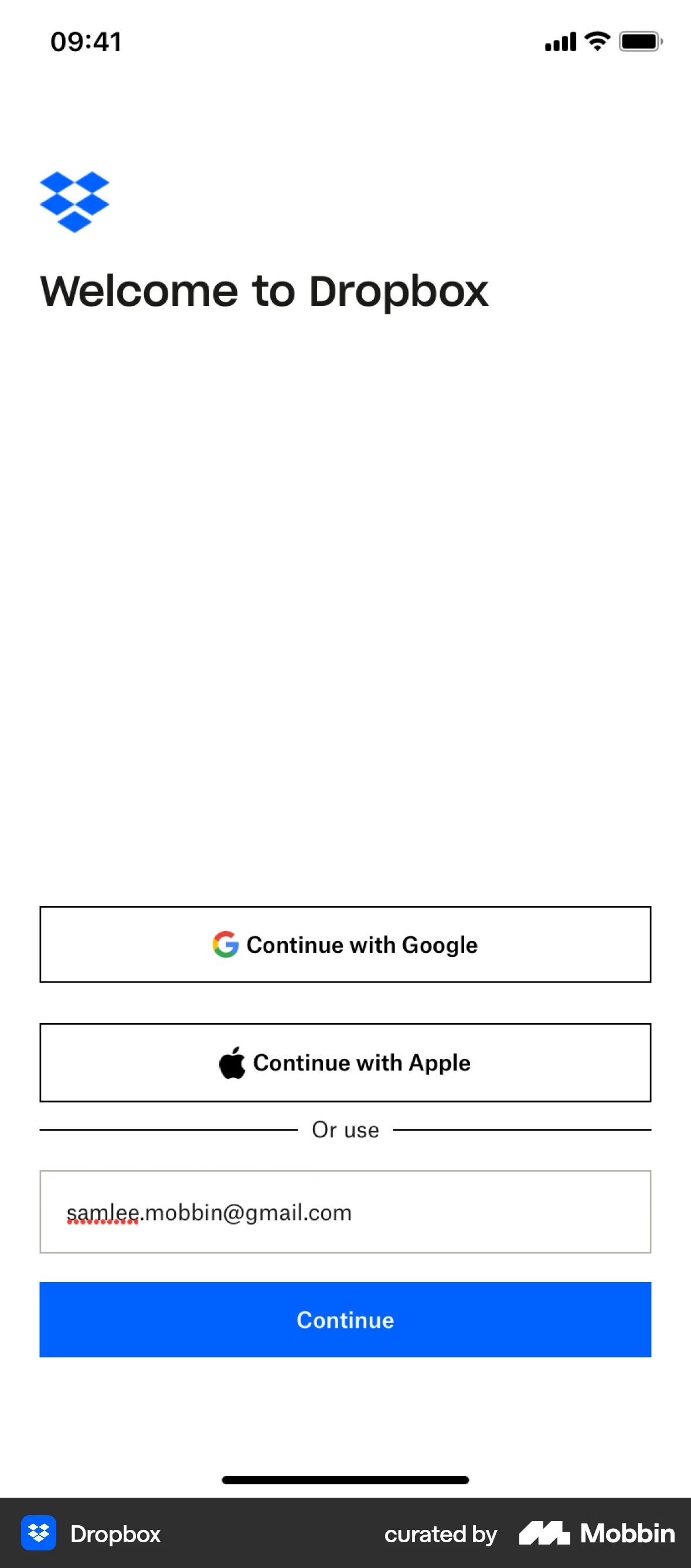 Trop Box Element Dropbox iOS Email entered | Mobbin