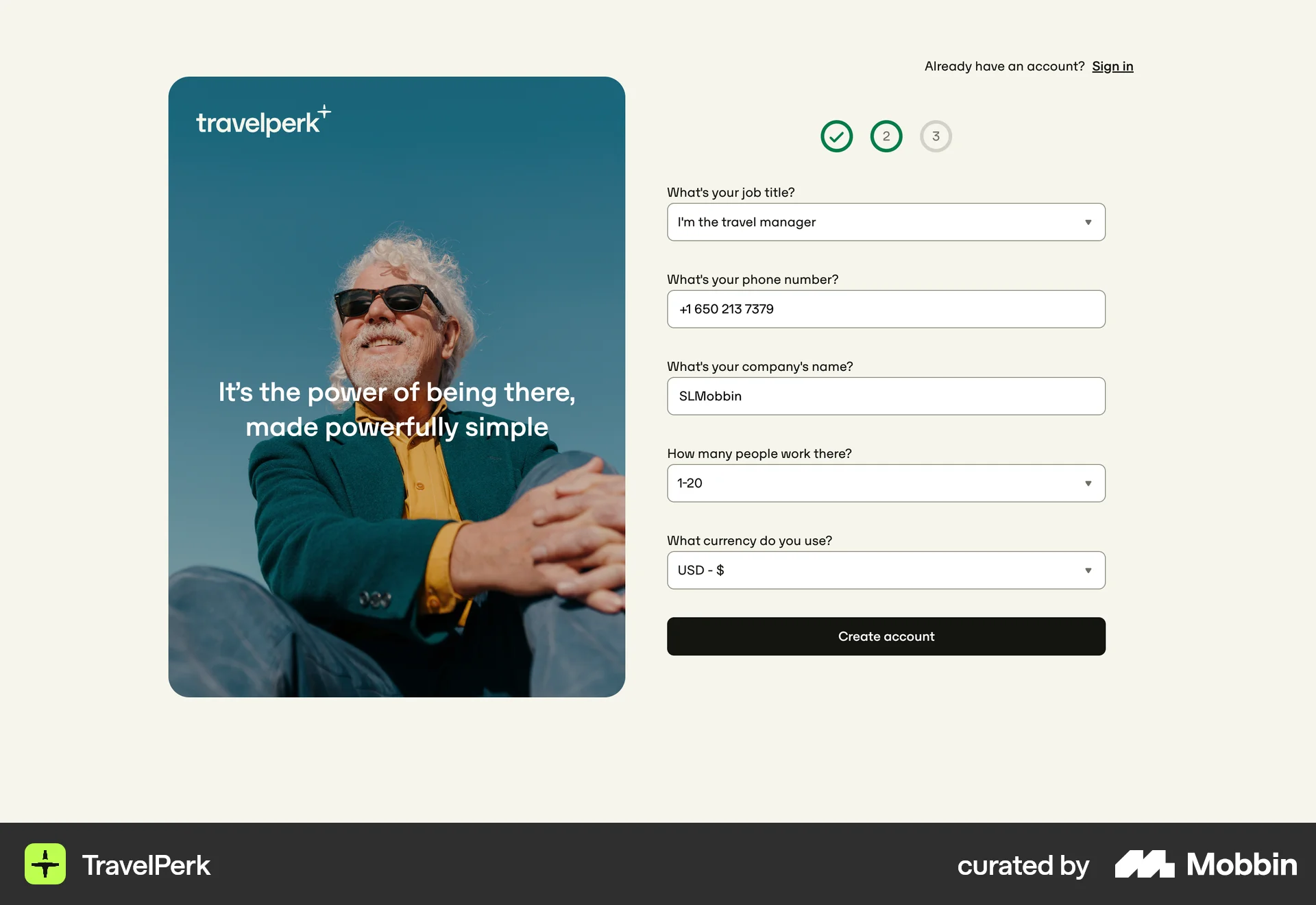 TravelPerk Web Account Setup screen