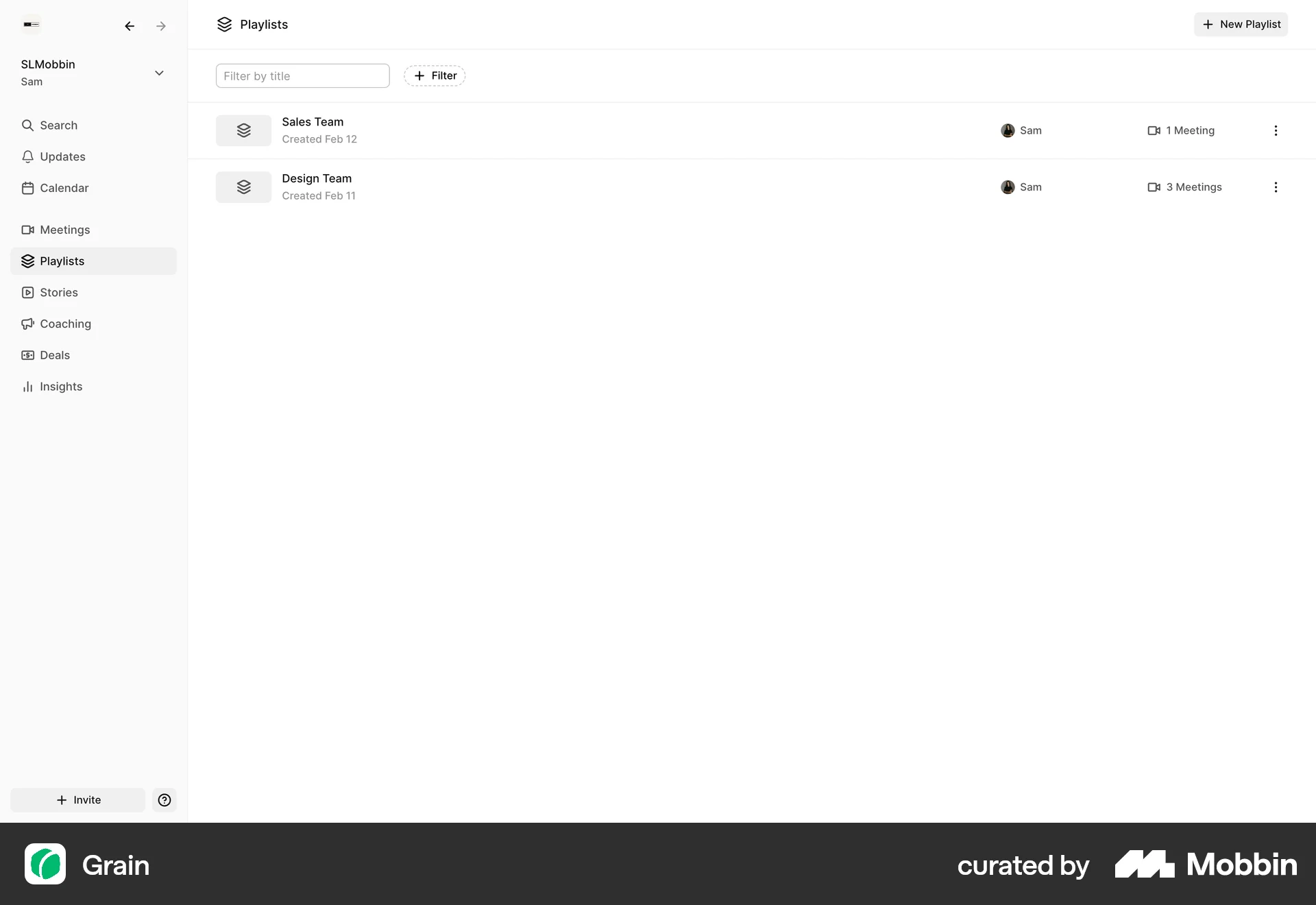Grain Web Playlists screen