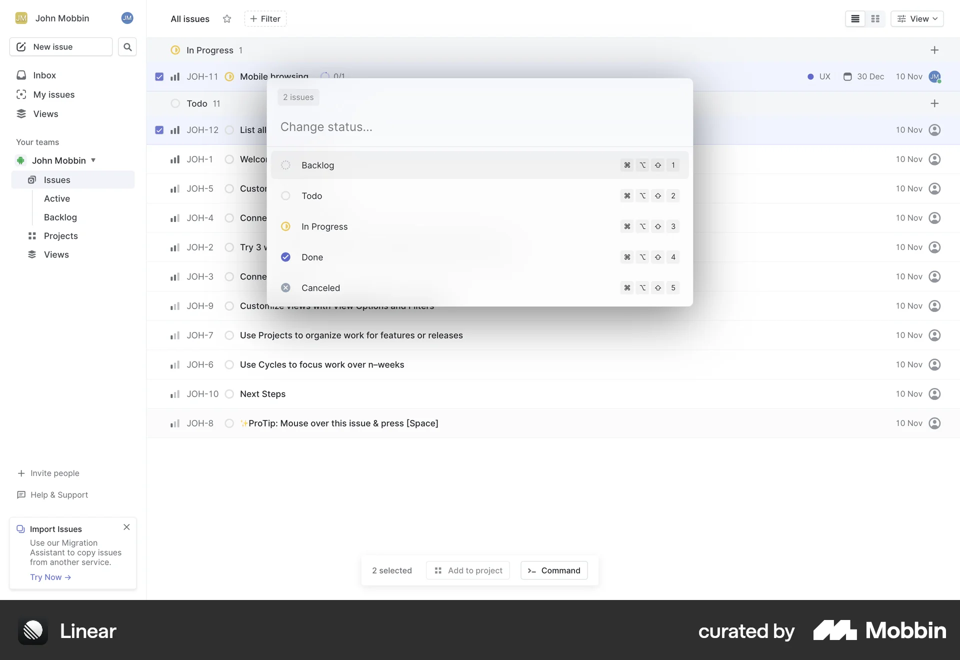 Linear Web Command Palette screen