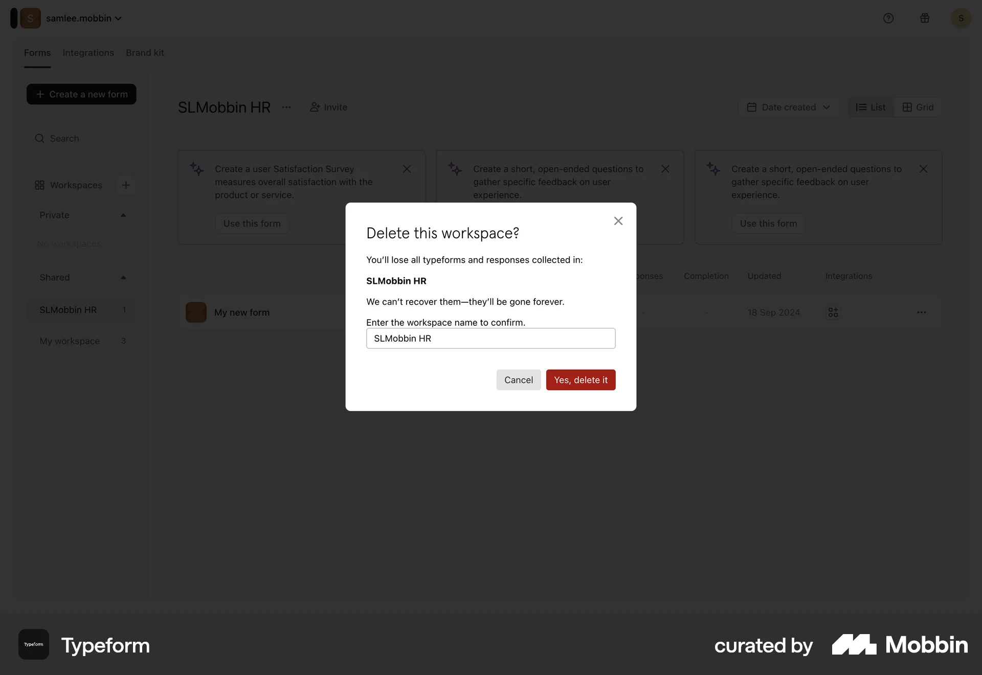 Typeform Web Delete screen