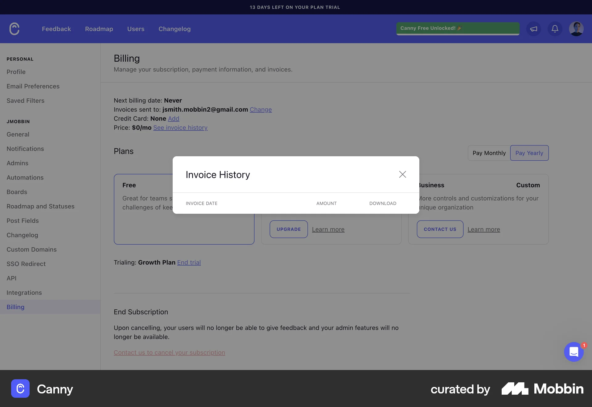 Canny Web Order History screen