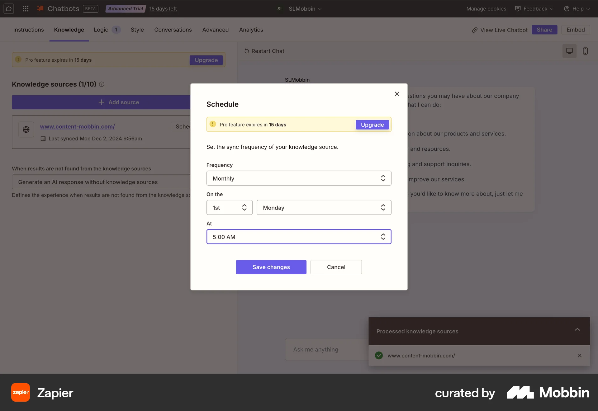 Zapier Web Schedule screen