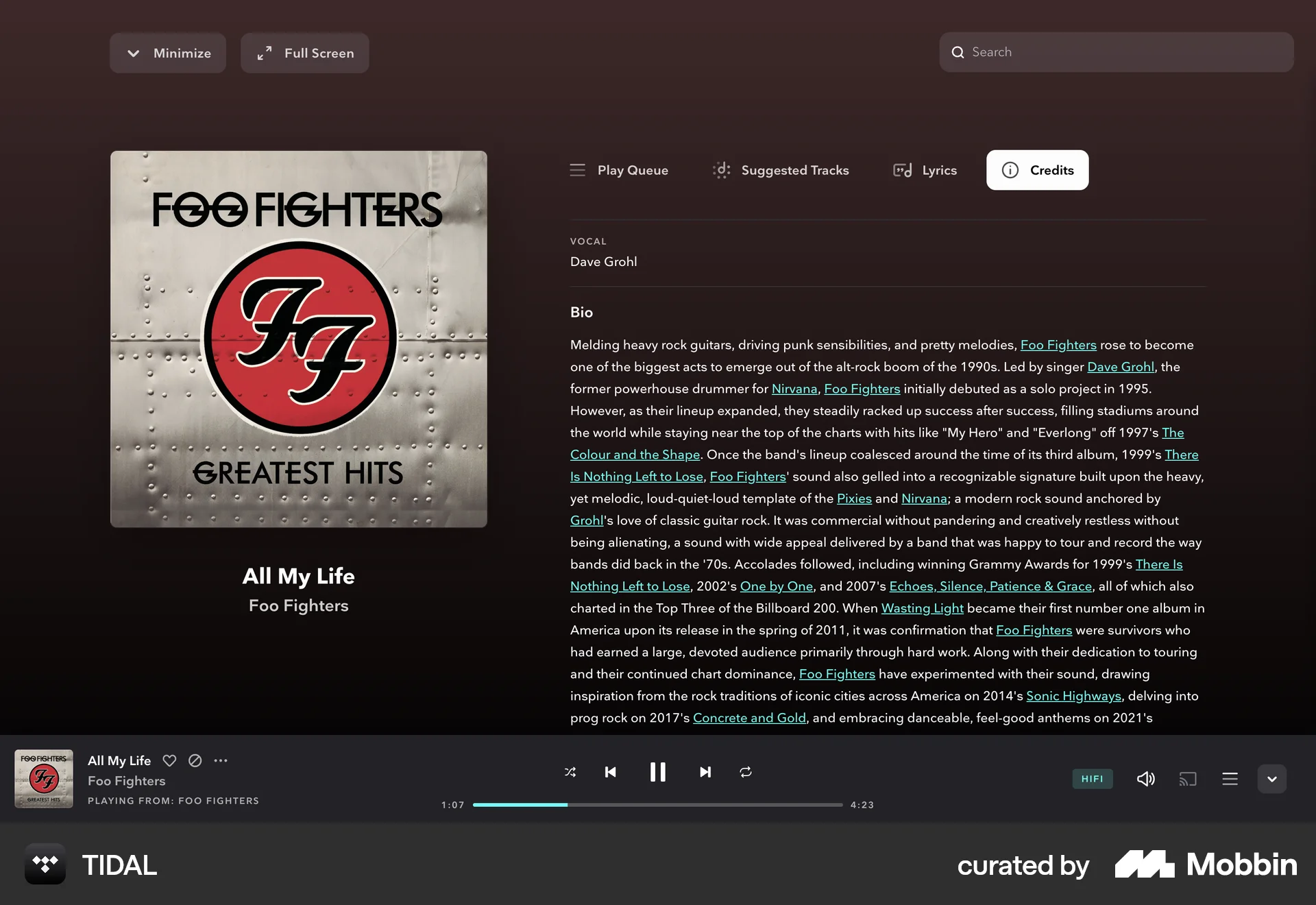 TIDAL Web Song & Podcast Detail screen