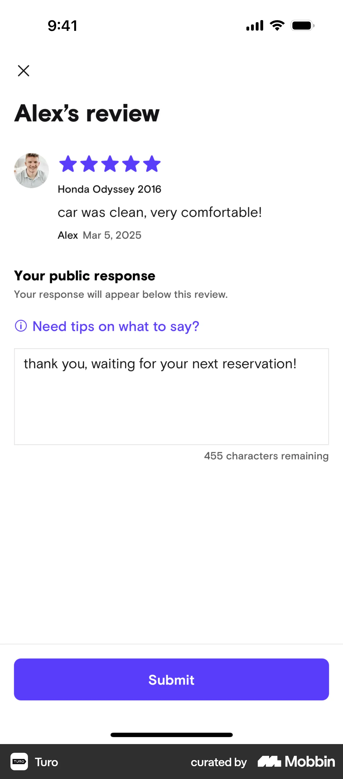 Turo iOS Comments screen