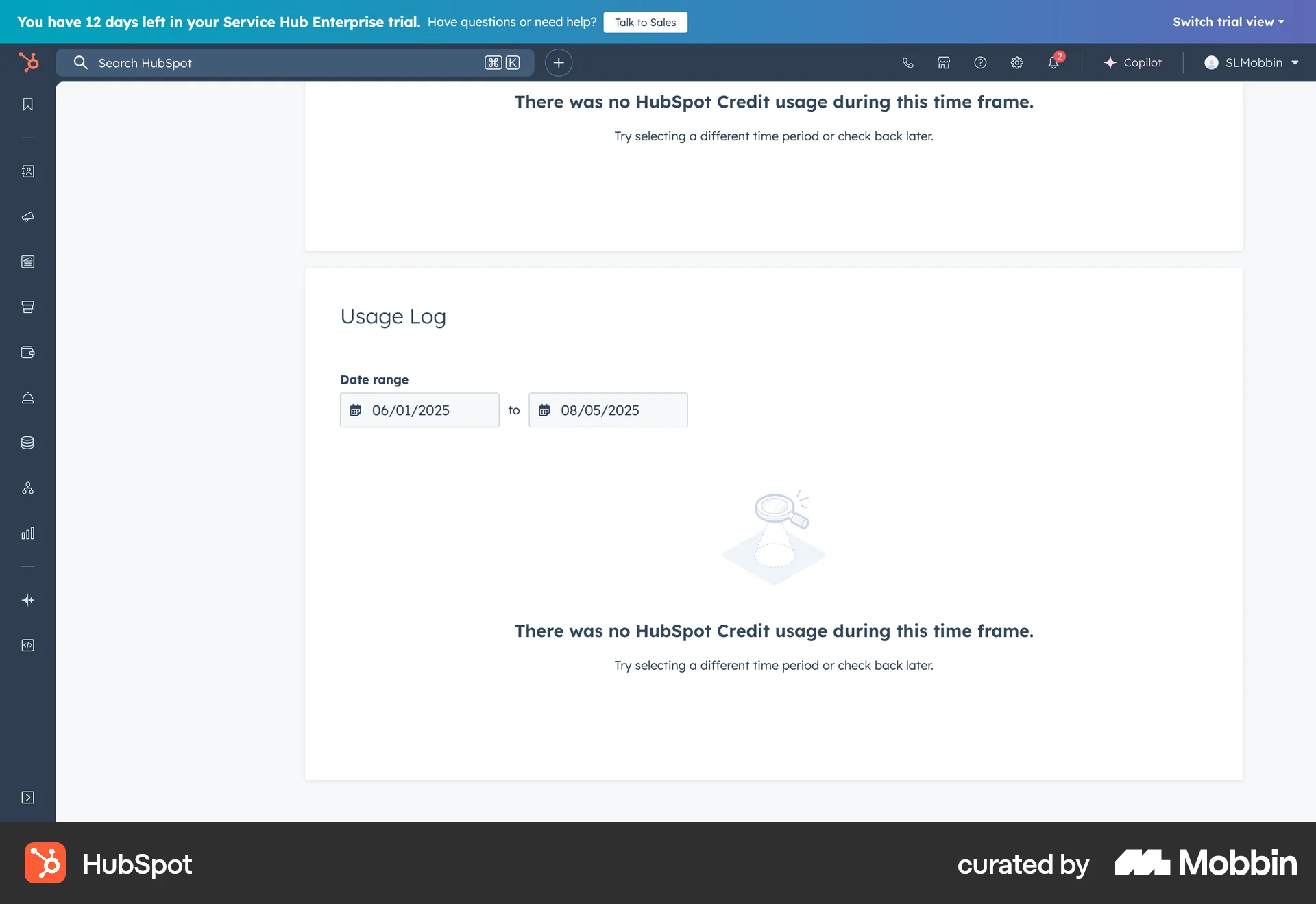 HubSpot Web Log Dashboard screen