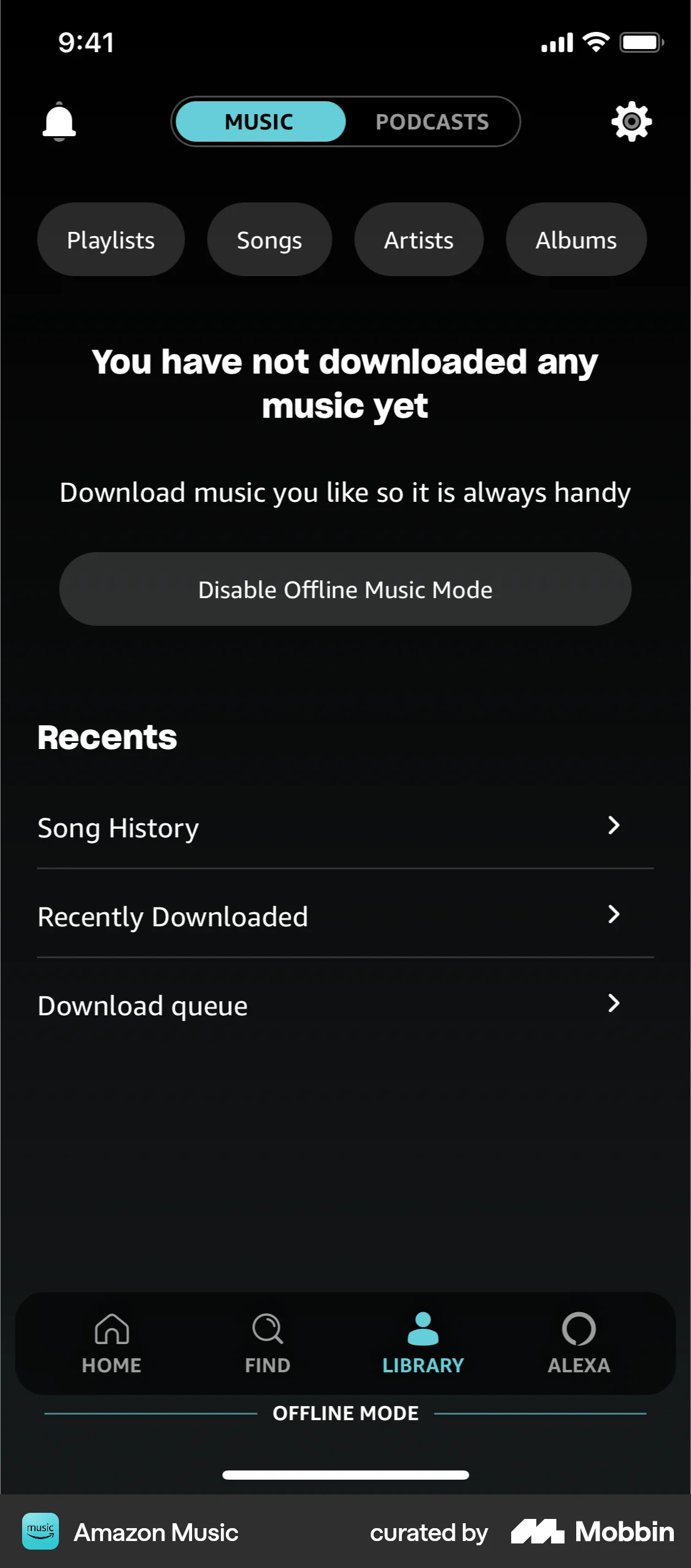 Amazon Music iOS Downloads & Available Offline screen