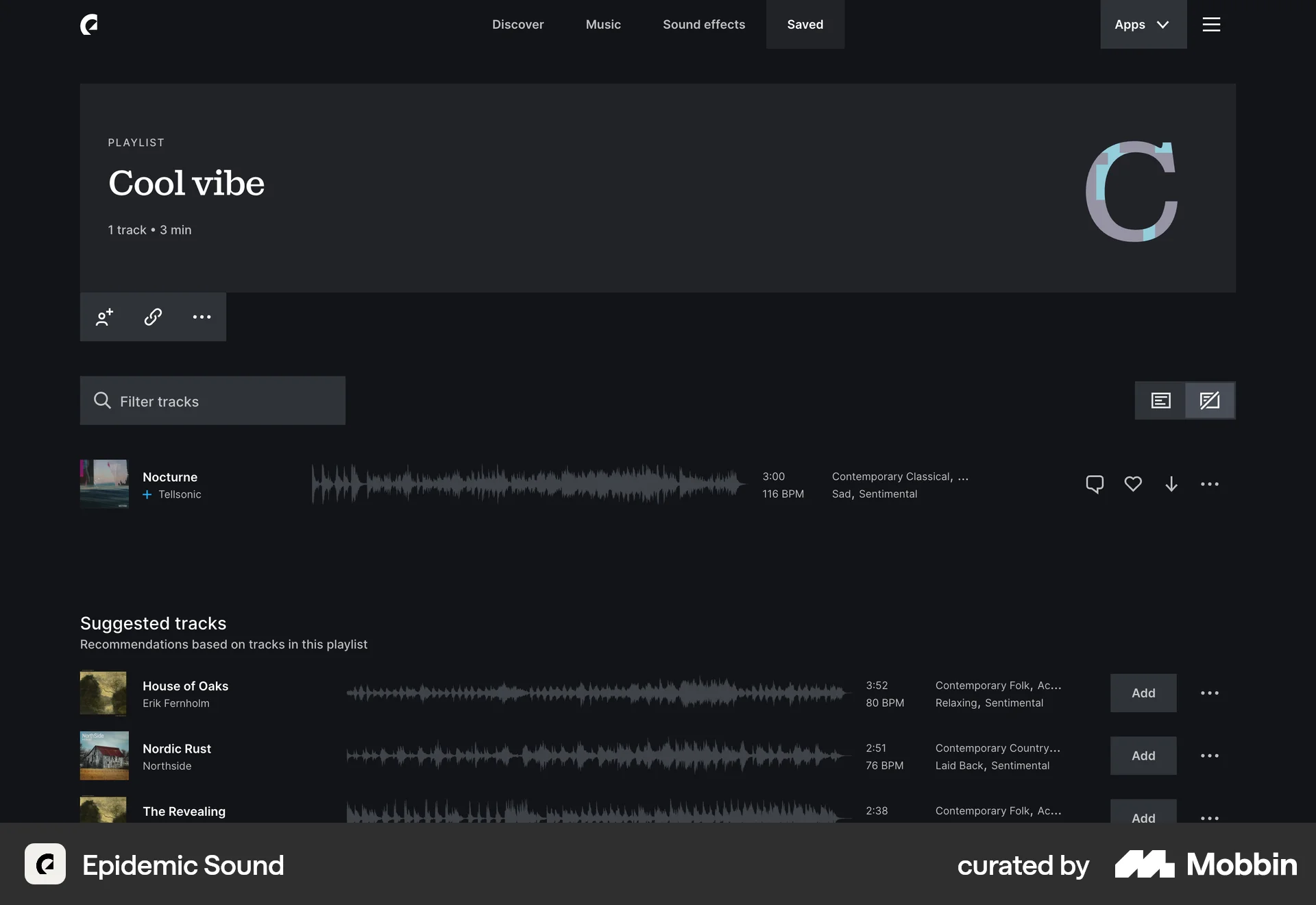 Epidemic Sound Web Playlists screen