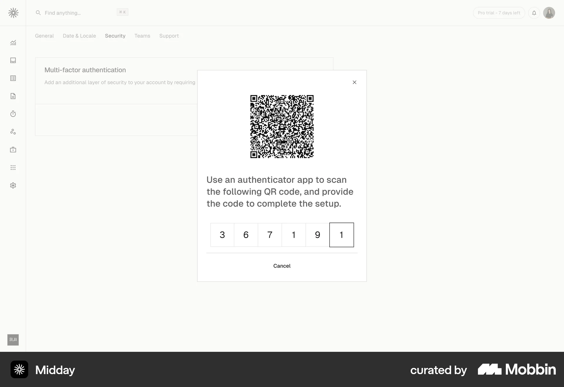 Midday Web QR Code screen