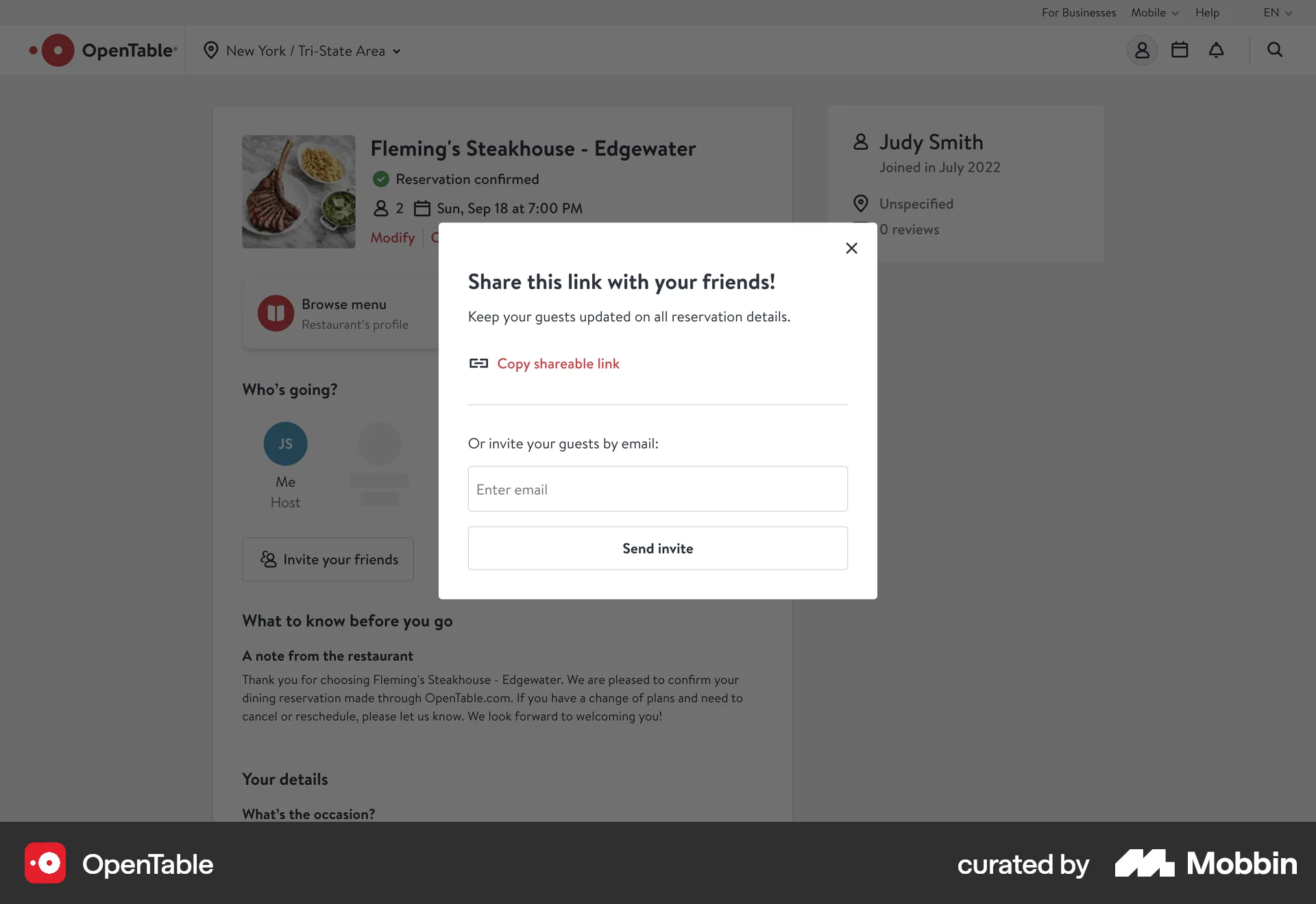 OpenTable Web Invite & Refer Friends screen