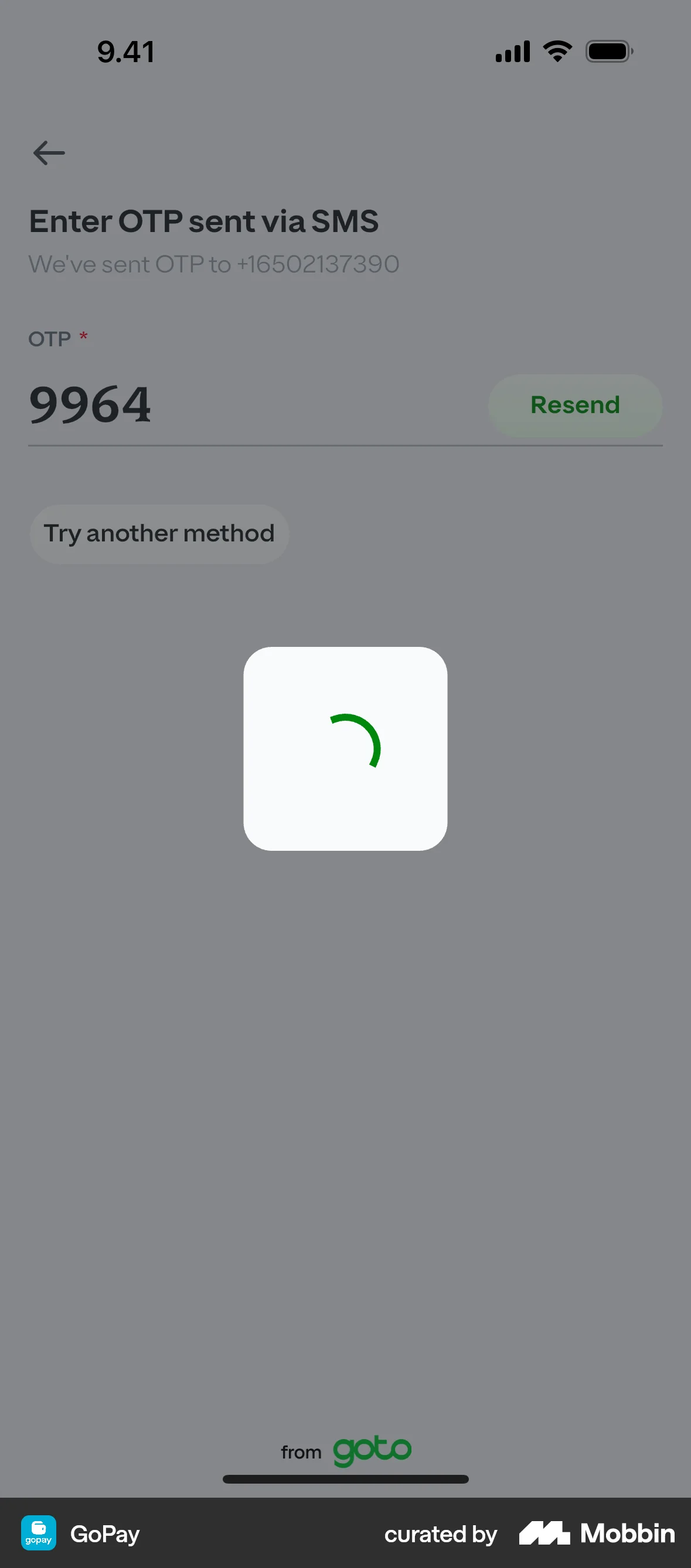GoPay iOS screen containing Loading Indicator UI element