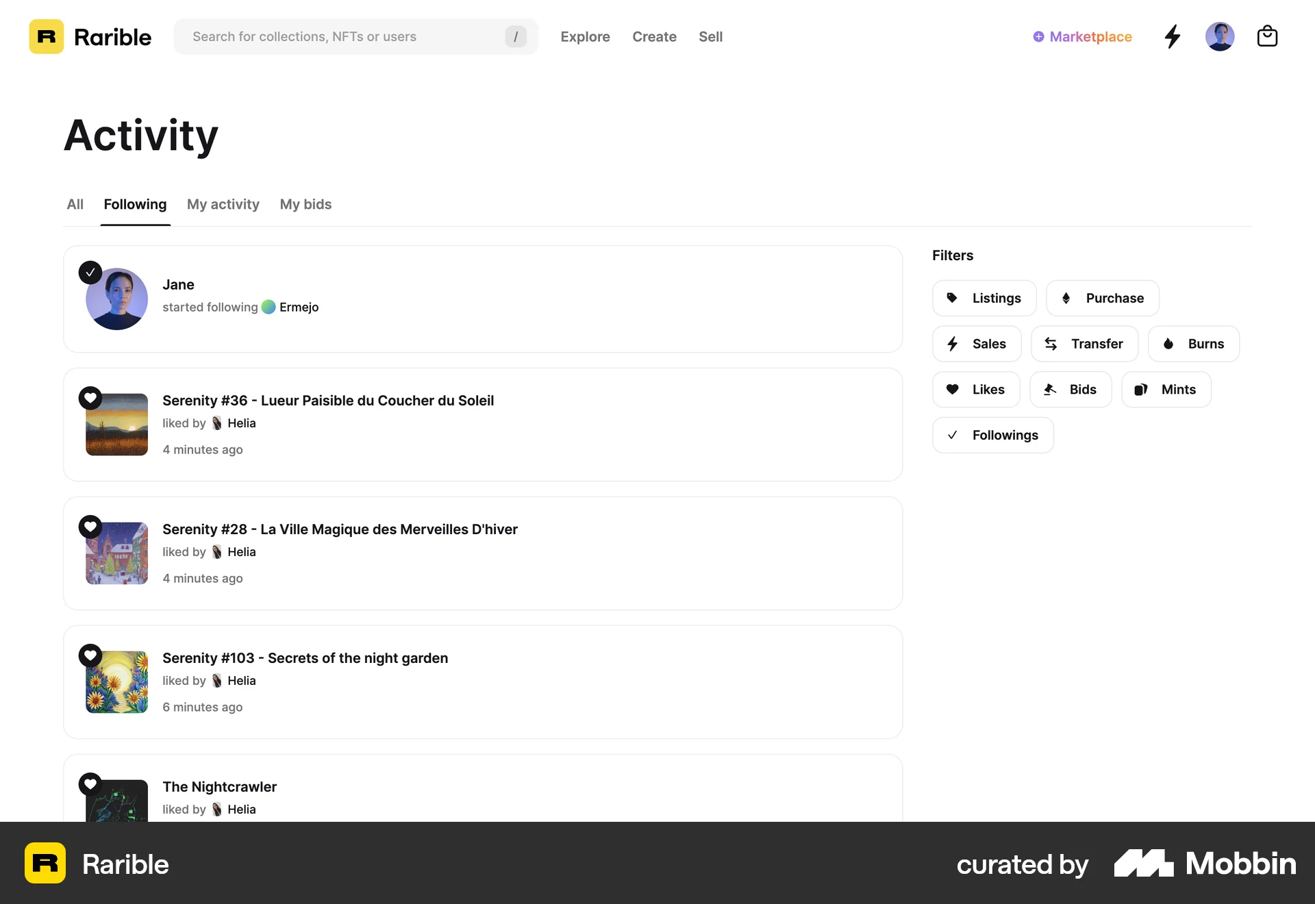 Rarible Web Social Feed screen