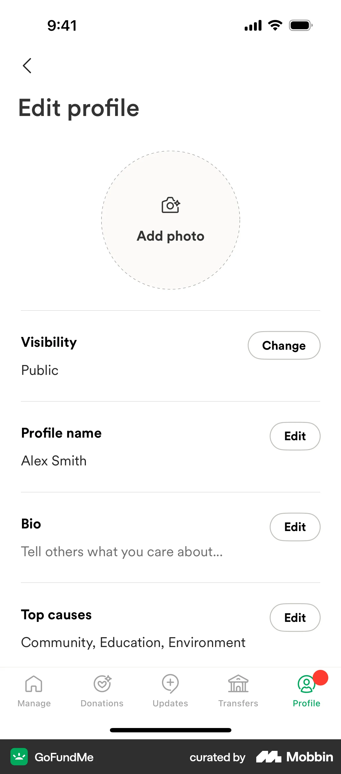 GoFundMe iOS Upload & Download screen