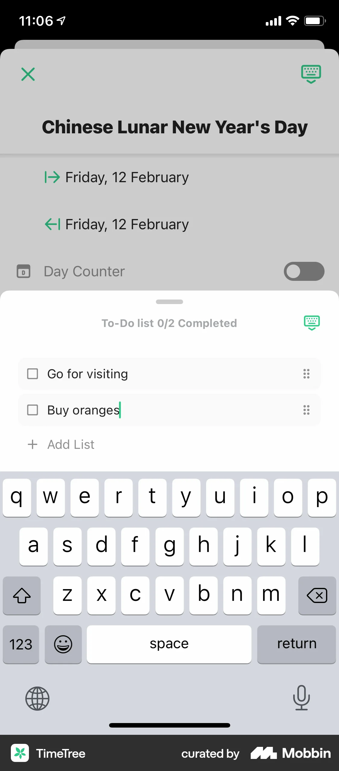 TimeTree iOS Note Detail screen