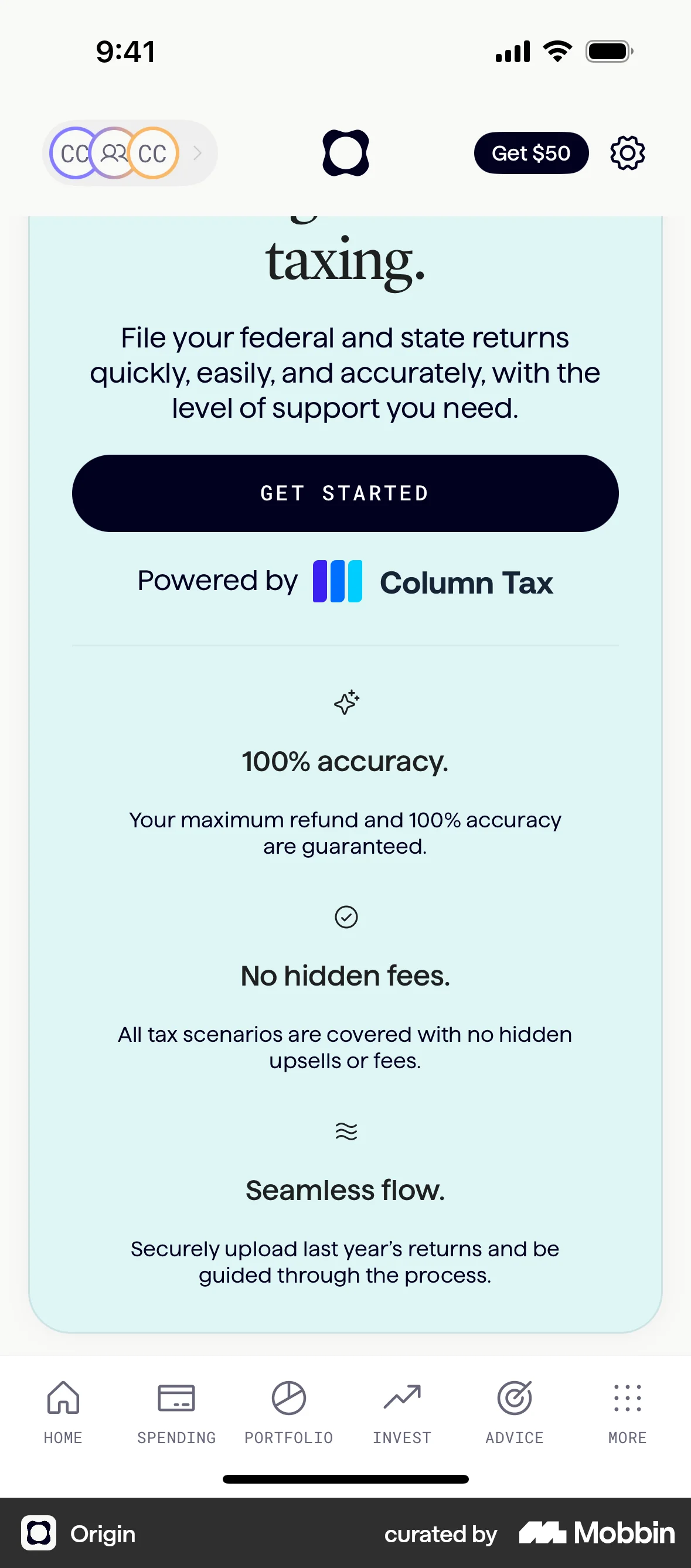 Origin iOS Feature Info screen