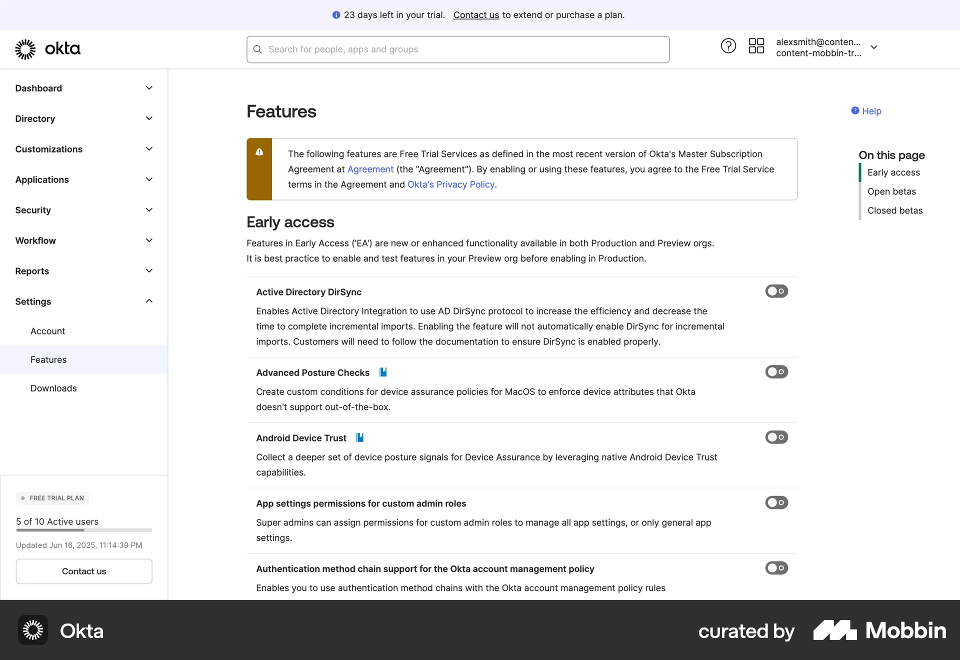 Okta Web Settings & Preferences screen