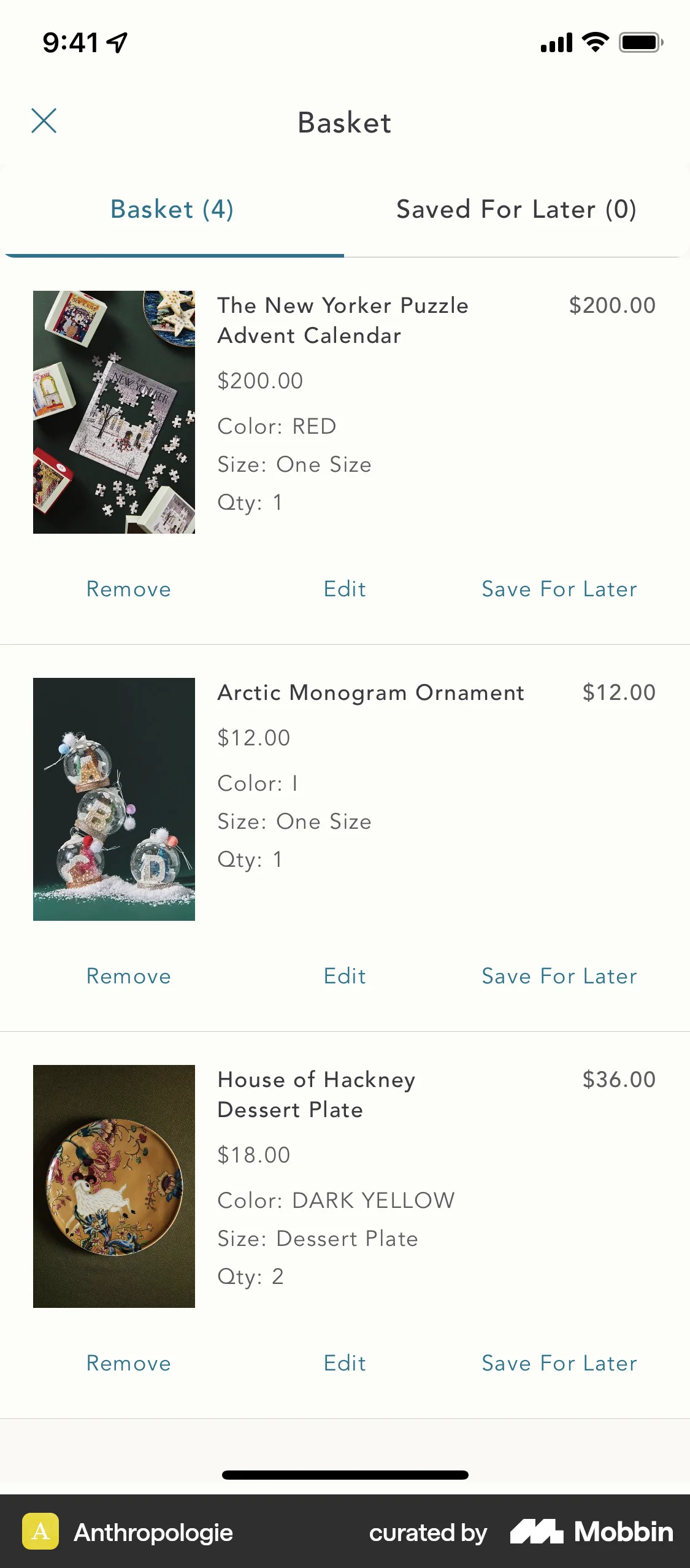 Anthropologie iOS Mobile Shopping Cart screen