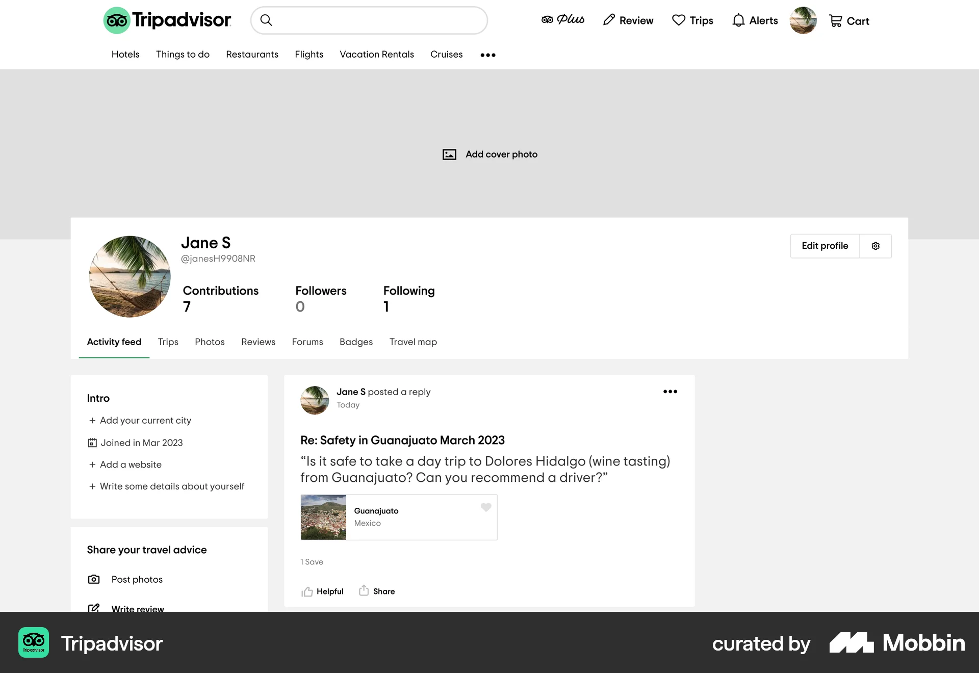 Tripadvisor Web My Account & Profile screen