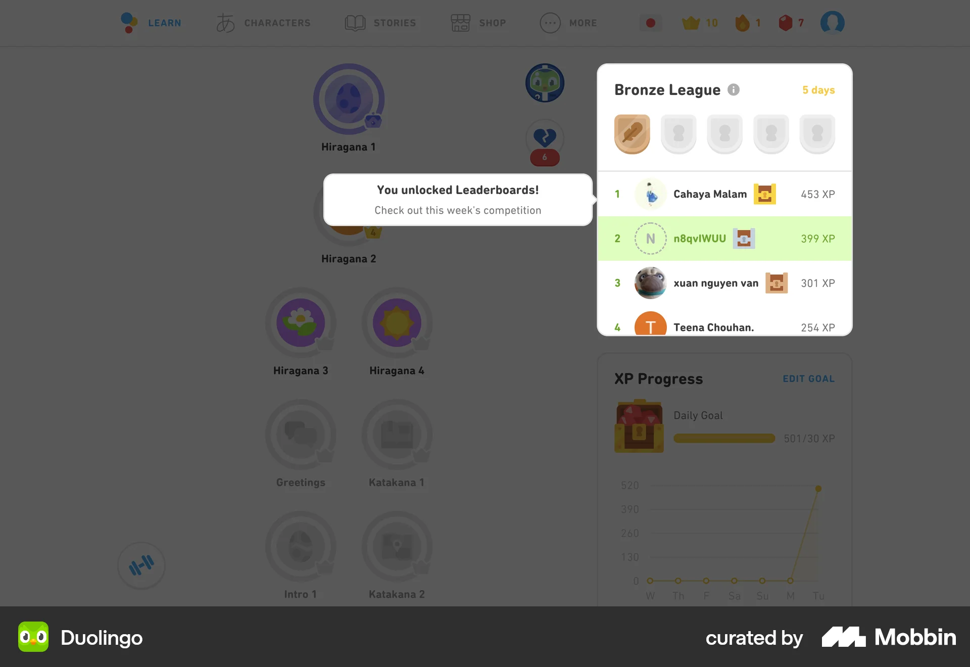 Duolingo Web screen containing Tooltip UI element