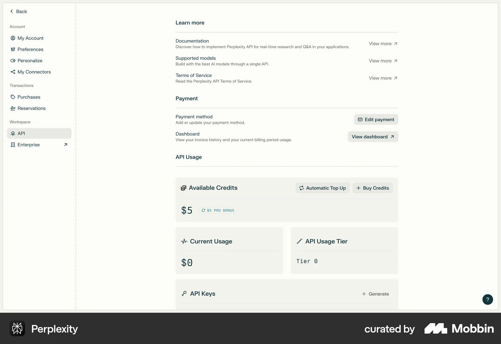Perplexity Web Wallet & Balance screen