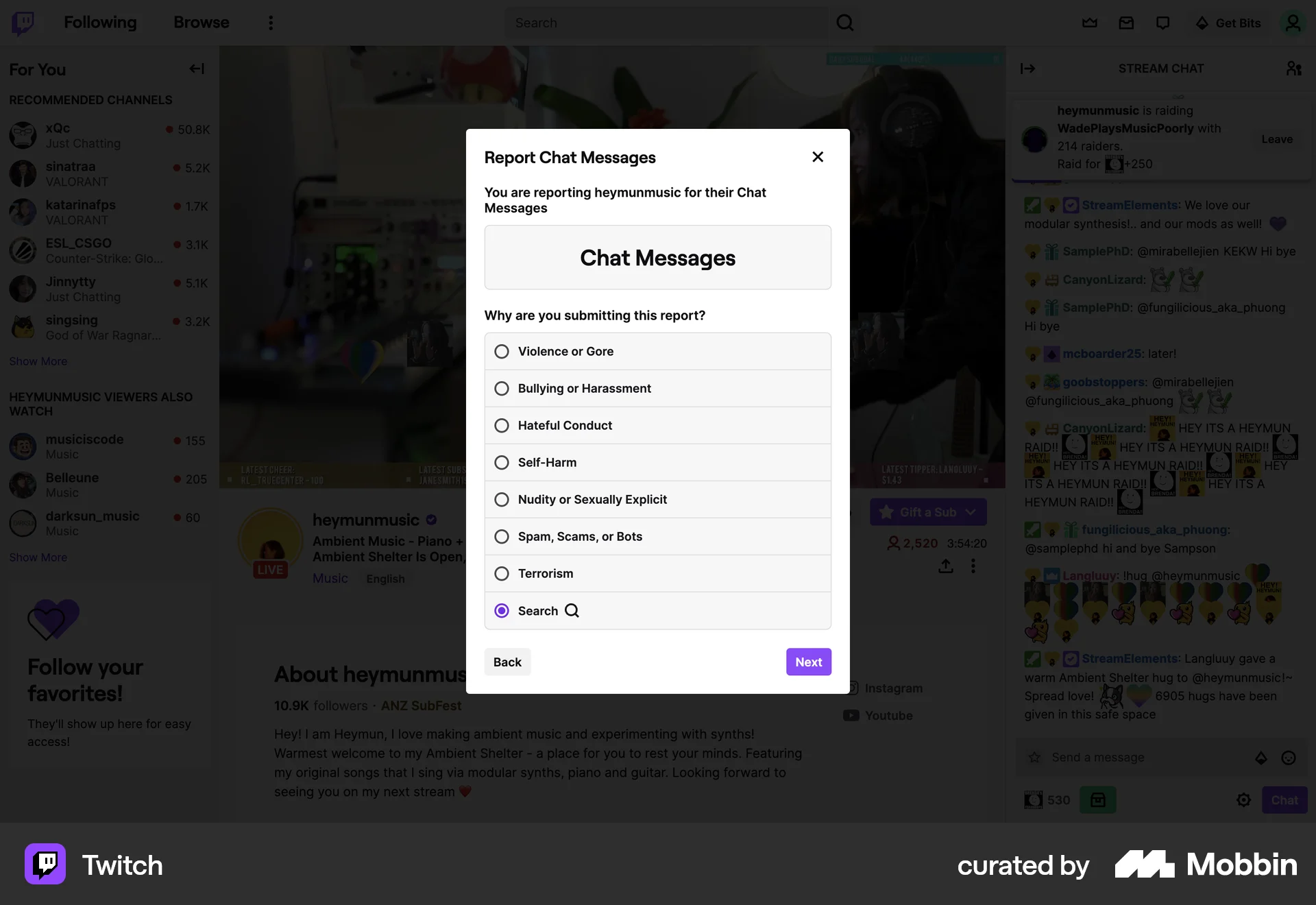 Twitch Web Flag & Report screen
