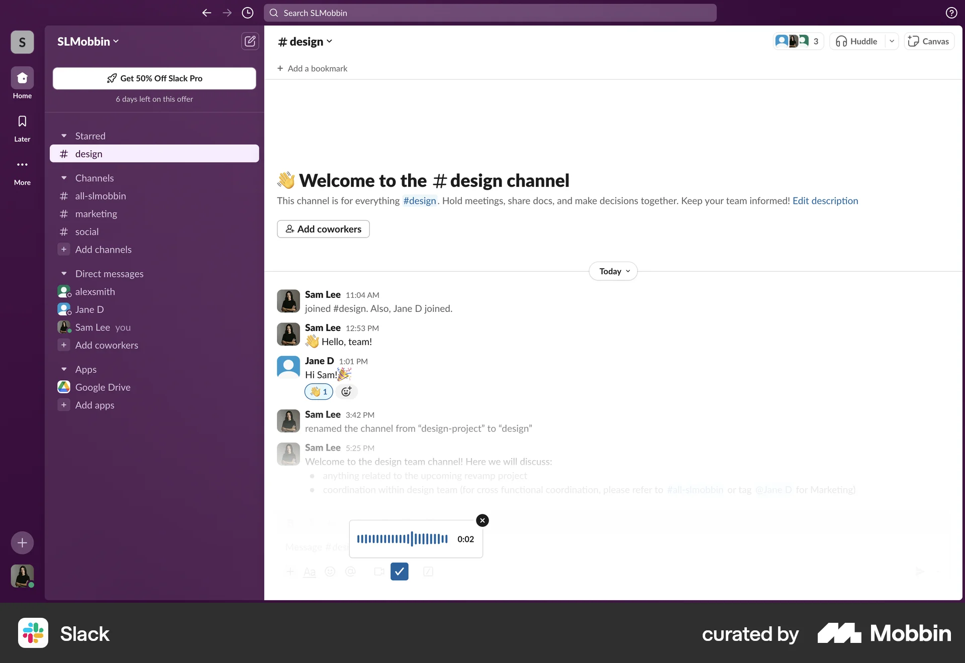Slack Web Timer & Clock screen