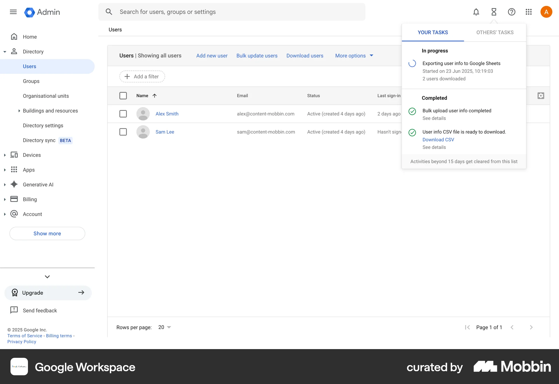 Google Workspace Web Import & Export screen