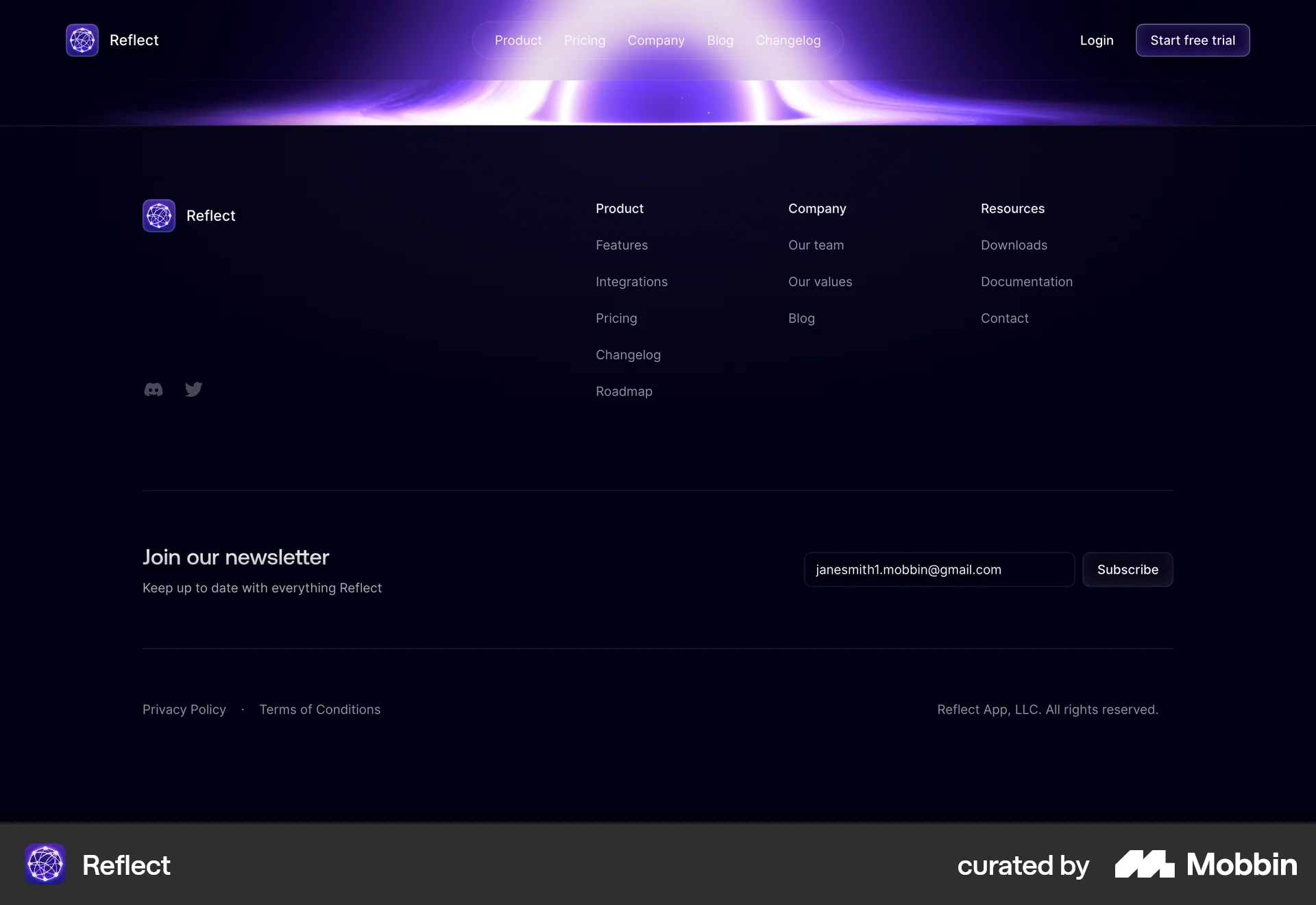Reflect Web Follow & Subscribe screen