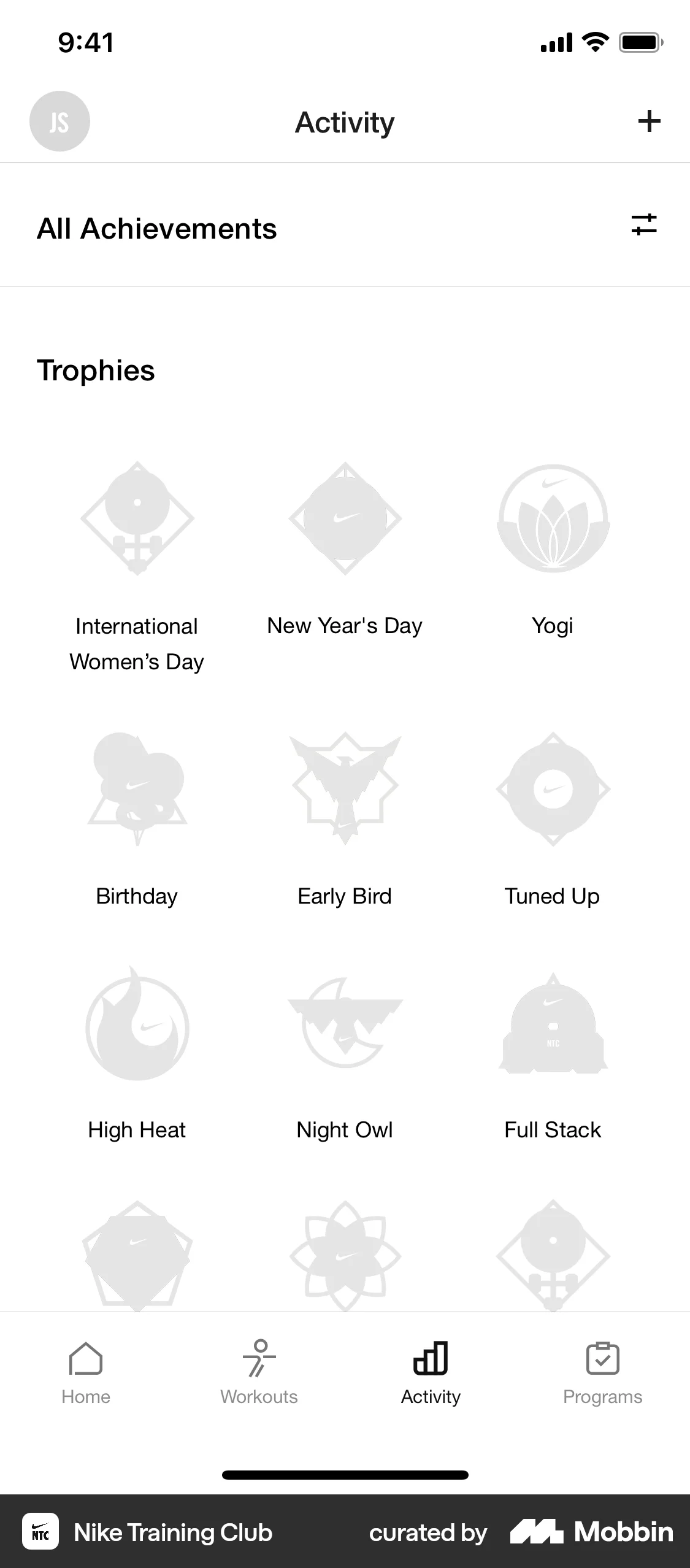 Nike Training Club iOS Achievements & Awards screen