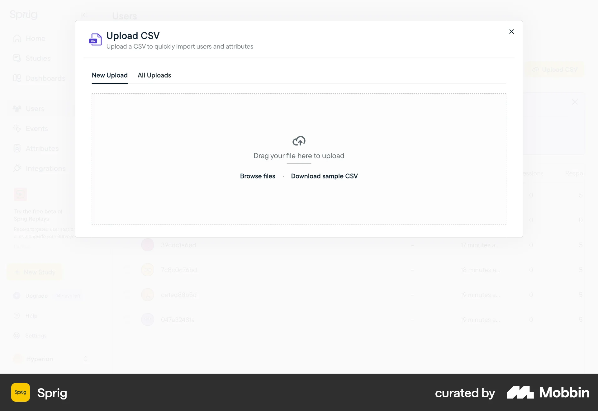Sprig Web Upload & Download screen
