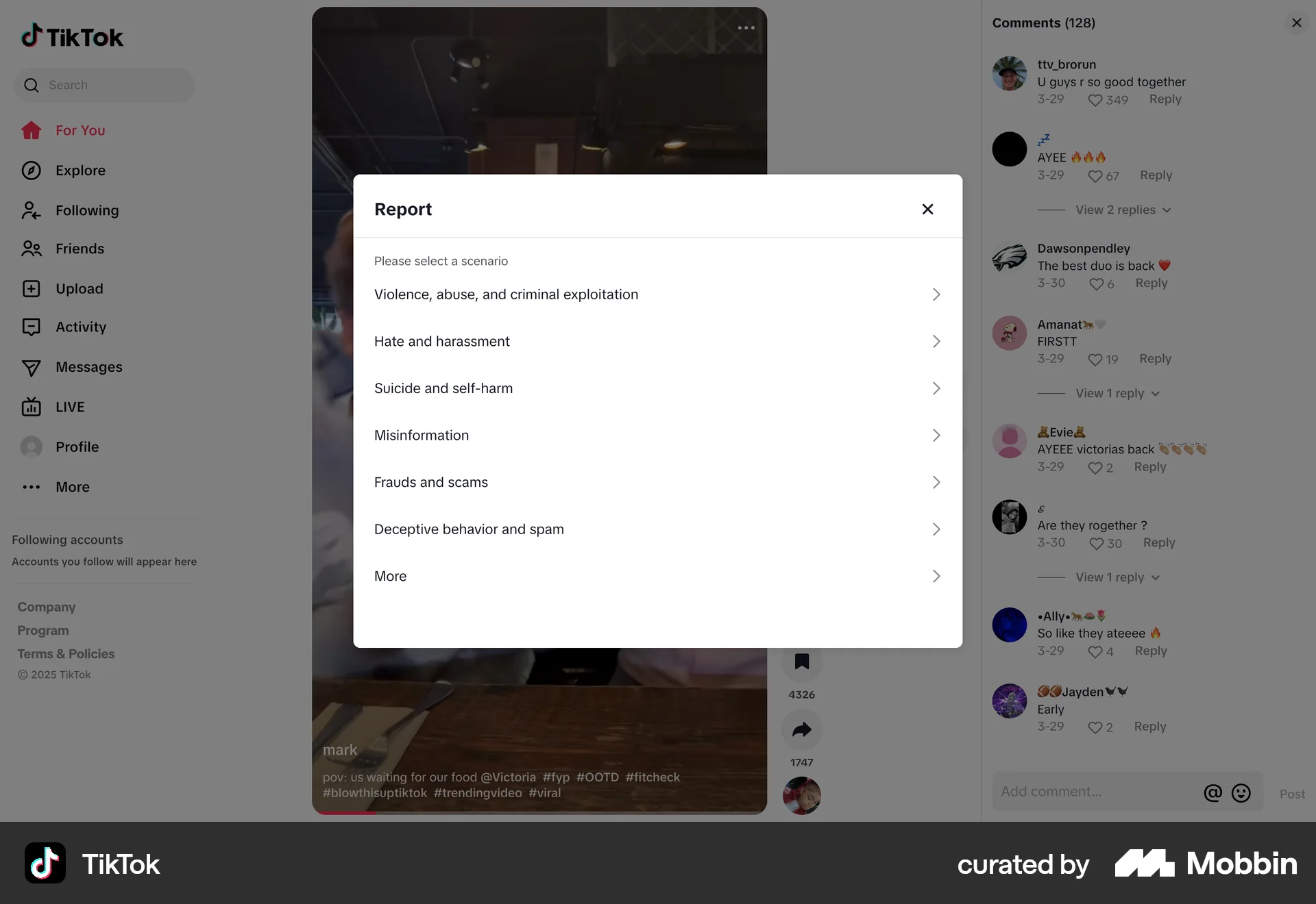 TikTok Web Flag & Report screen