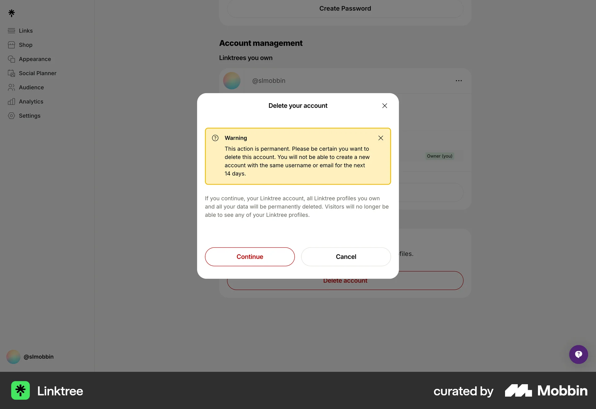 Linktree Web Delete & Deactivate Account screen