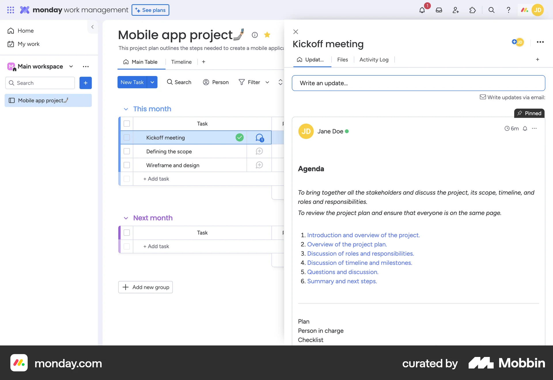 monday.com Web Favorite & Pin screen