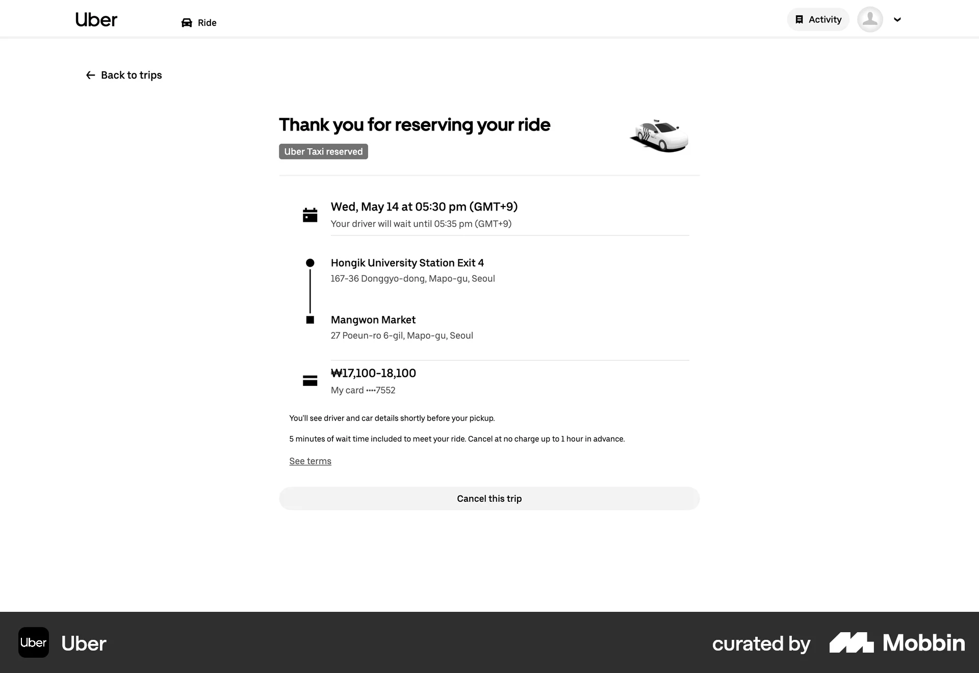 Uber Web Order Detail screen
