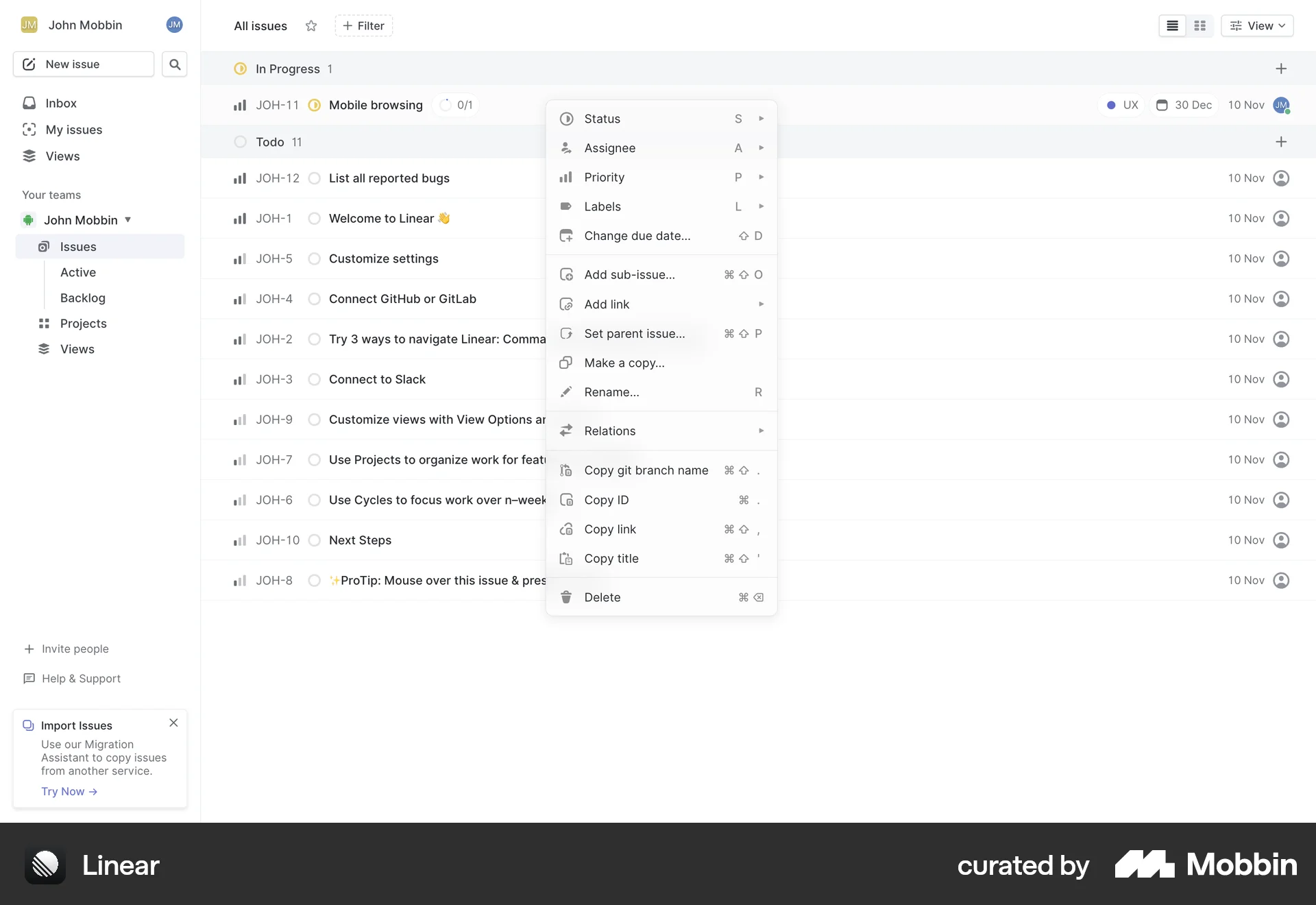 Linear Web screen containing Context Menu UI element