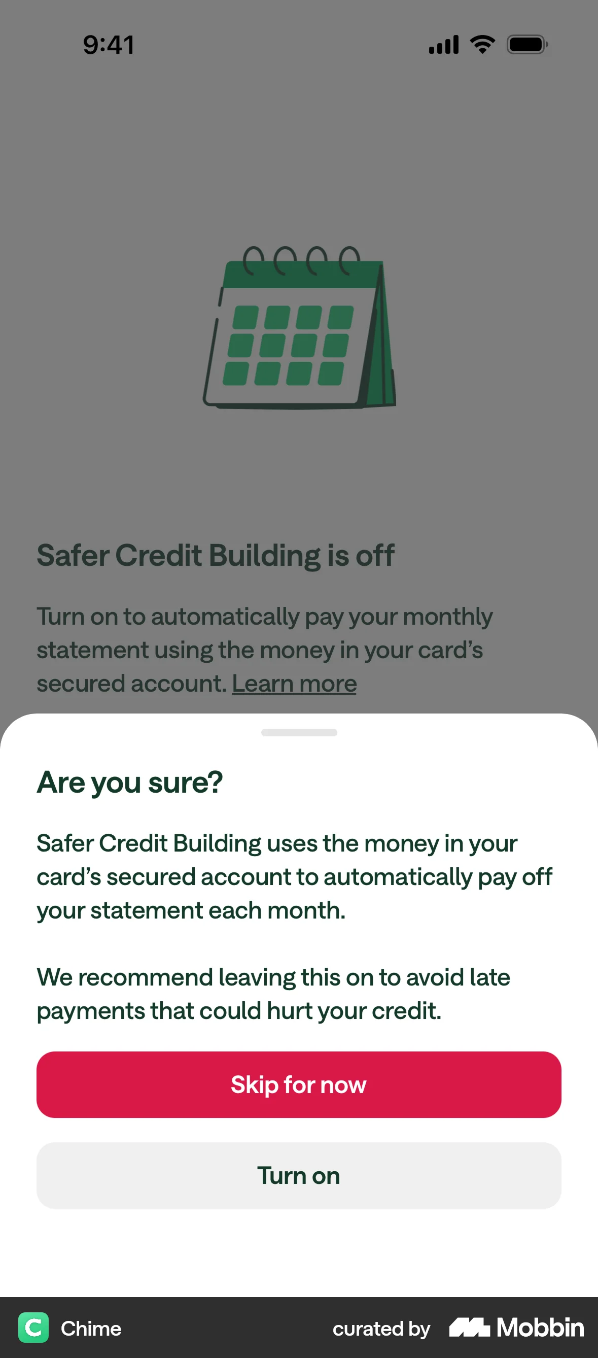 Chime iOS Confirmation screen